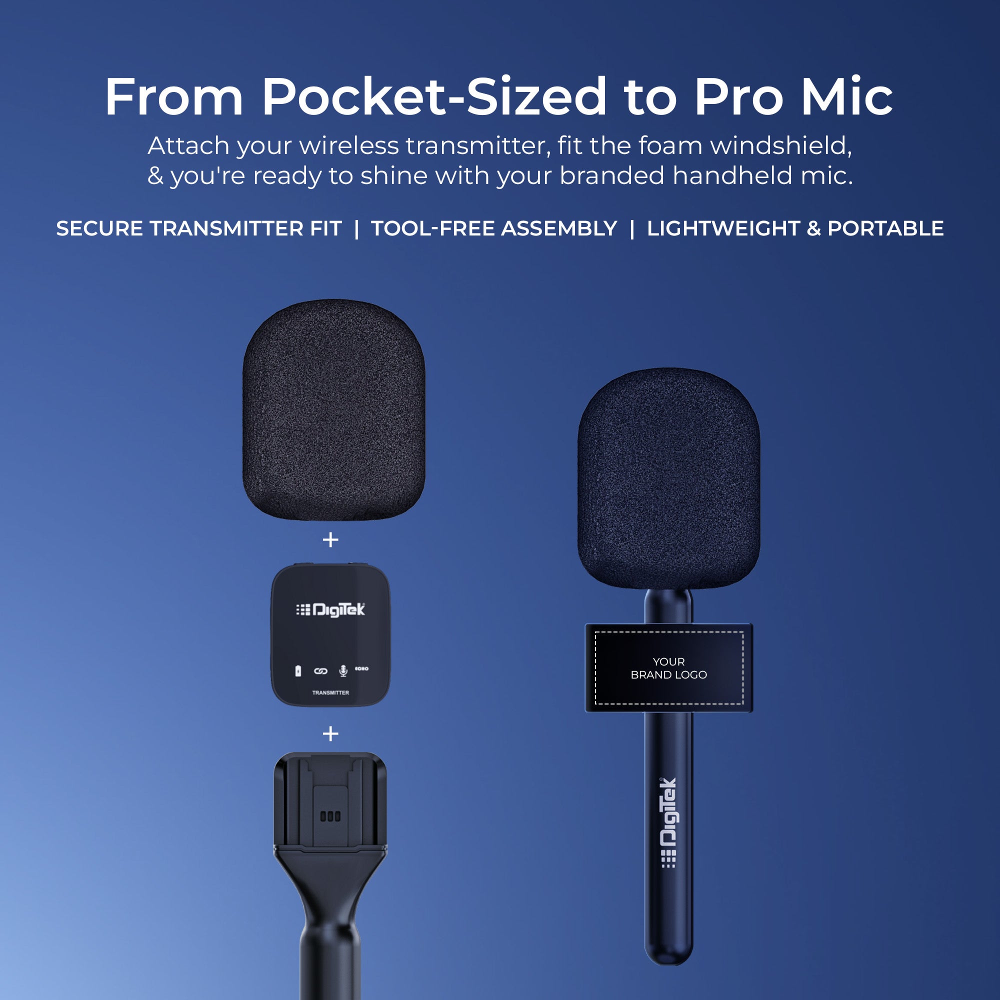 محول ميكروفون المقابلات المحمول Digitek (DHMA-102) مزود بلوحة عرض العلامة التجارية وواقي رغوي للرياح لتقليل ضوضاء الرياح، متوافق مع DWM 101 وأجهزة الإرسال اللاسلكية الأخرى GO 