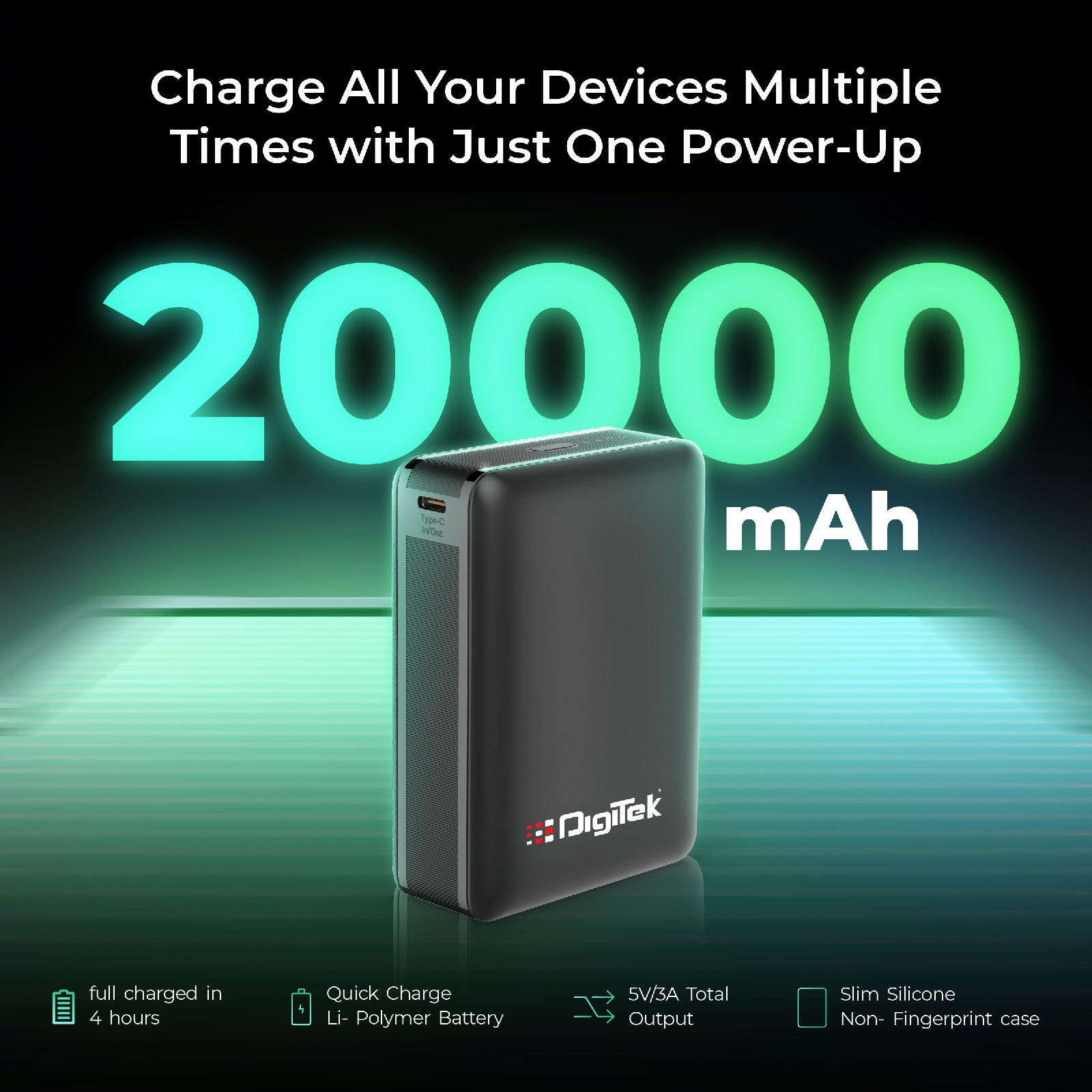 Digitek (DPB-20000 PD QC) High Capacity Superfast Power Bank with 22.5 Watt PD / QC charging with Type C Port (20000 mAh) with White