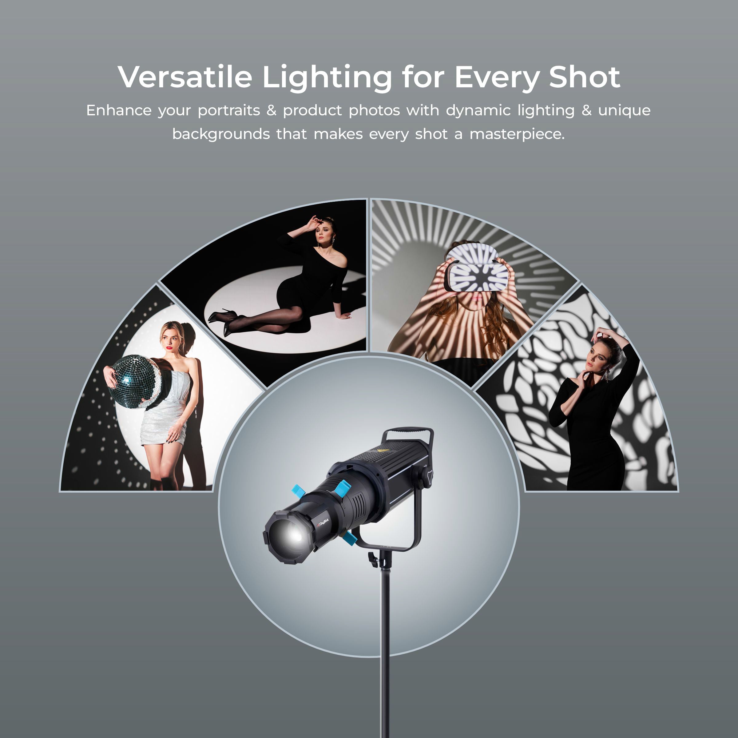 طقم Digitek (DS 220) لتركيب Bowens البصري مع 20 GOBO من الفولاذ المقاوم للصدأ و4 فلاتر ألوان (أحمر/أصفر/أخضر/أزرق)، وحلقة تركيز متعددة الوظائف، وهيكل معدني فاخر