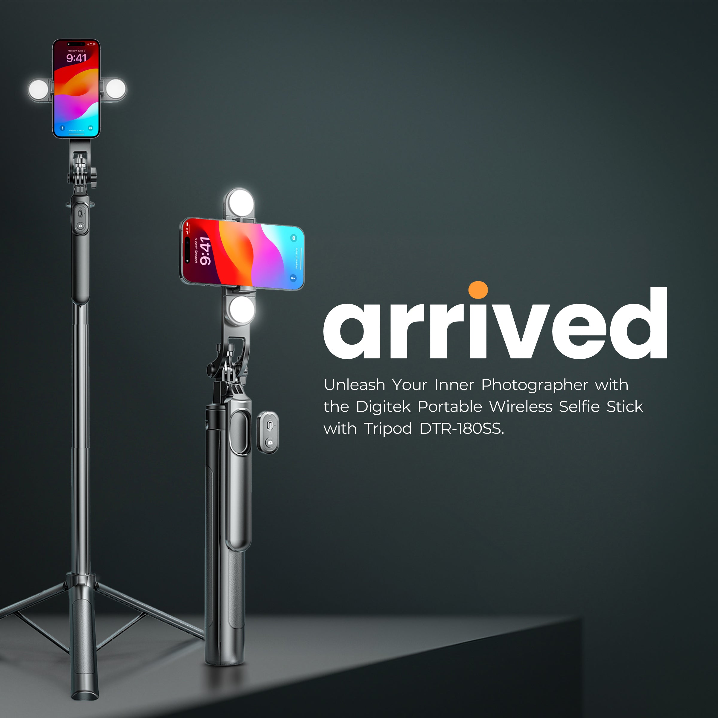 حامل ثلاثي القوائم لاسلكي محمول من ديجيتك® (DTR-180SS) مع جهاز تحكم عن بعد، وقاعدة ثلاثية الأرجل، ومشبك هاتف ذكي بزاوية 360 درجة، وأعمدة تلسكوبية قابلة للتمديد، ومنفذ 1/4 بوصة، مثالي للصور الفوتوغرافية، وتصوير الفيديو، ومدونات الفيديو، والمزيد 