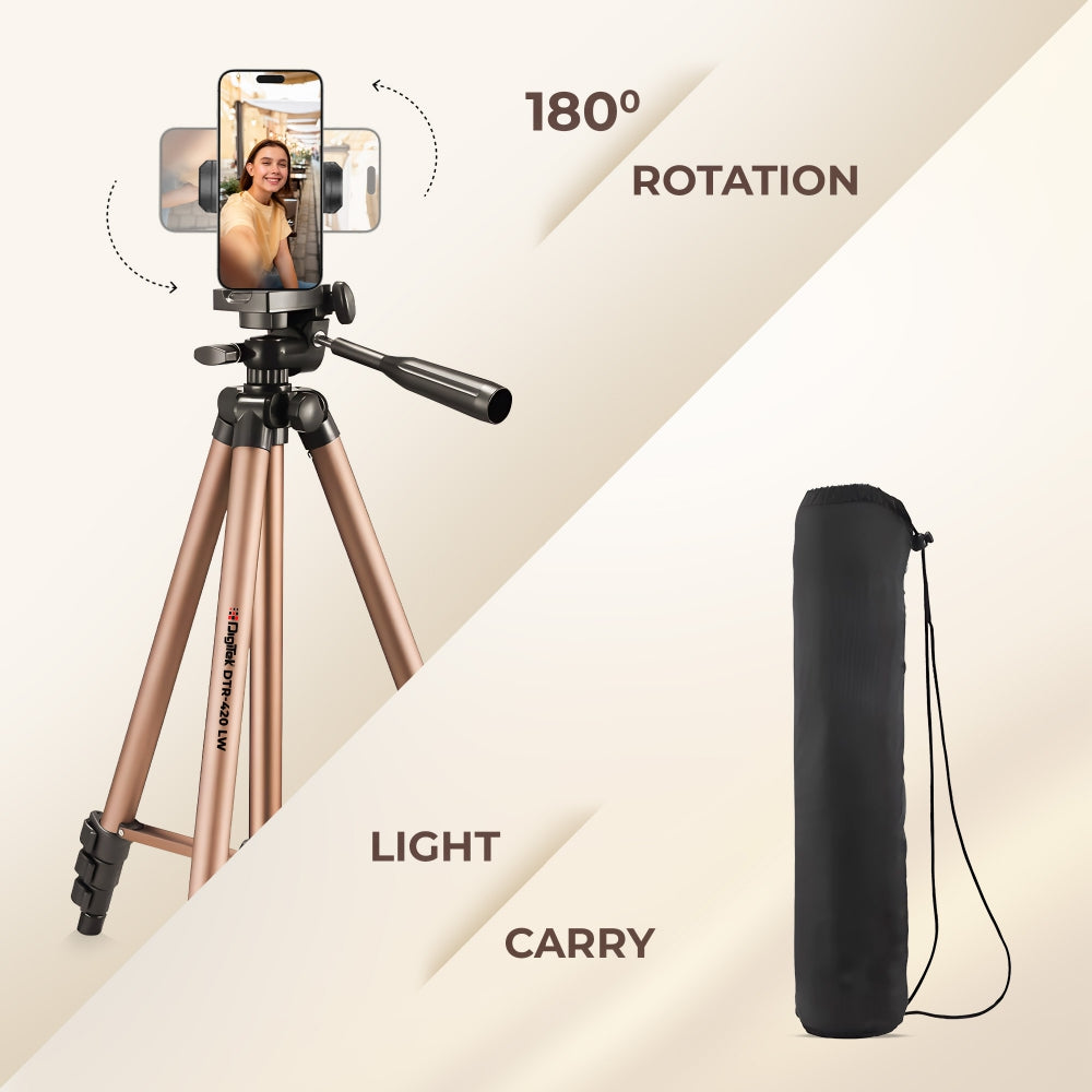 Digitek (DTR 420LW) Tripod for Camera & Smartphone with Holder – 4.26ft Max Height, 3Kg Load, 4-Section Legs, 3-Way Head, Quick Release Plate - Ideal for Photography & Videography