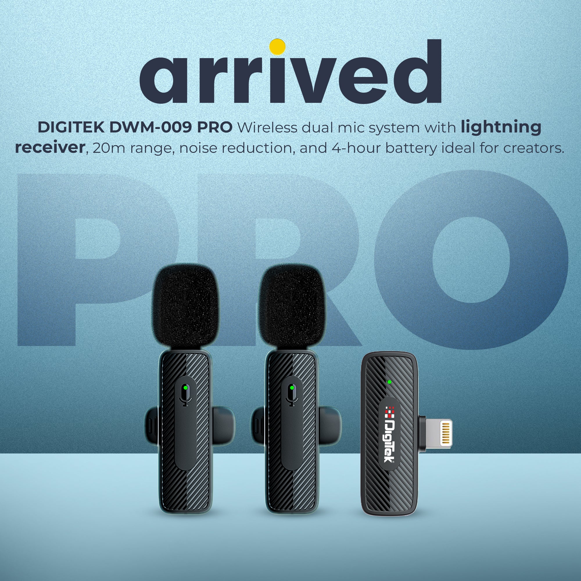 جهاز استقبال Digitek (DWM-009 PRO) بتردد 2.4 جيجاهرتز مزود بموصل Lightning وميكروفونين مزدوجين، متوافق مع سلسلة هواتف iPhone X/11/12/13/14