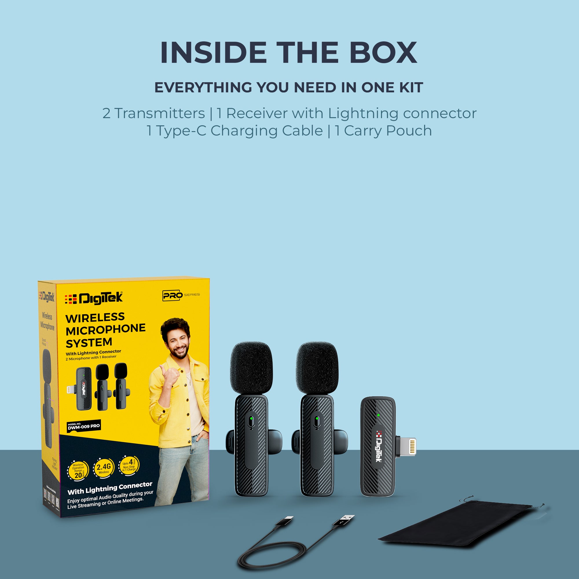 جهاز استقبال Digitek (DWM-009 PRO) بتردد 2.4 جيجاهرتز مزود بموصل Lightning وميكروفونين مزدوجين، متوافق مع سلسلة هواتف iPhone X/11/12/13/14