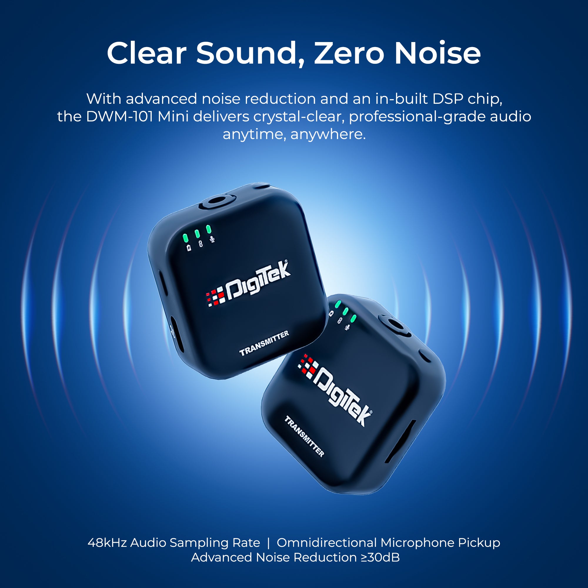 Digitek (DWM 101 Mini) 2-in-1 Wireless Microphone, 2.4G Mic for iOS/Android, DSLR, PC/Laptop, 80m Range, TF Card Recording, 4.5hr Battery,  Real-Time Monitoring, Ideal for Vlogging, Streaming, Meetings