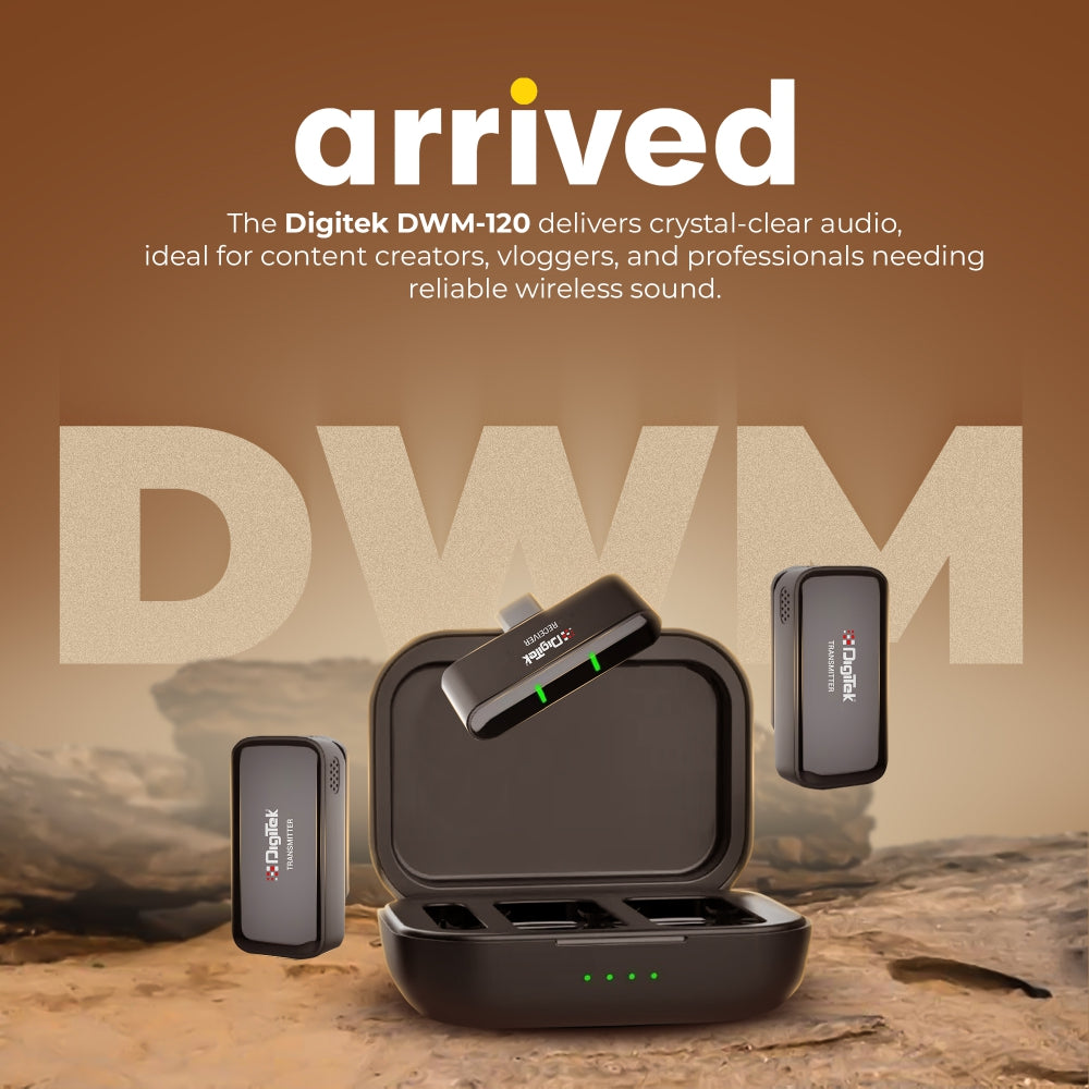 نظام ميكروفون لاسلكي Digitek (DWM 120)، مزود بخاصية تقليل الضوضاء، وميكروفون بتردد 2.4 جيجاهرتز بمدى يصل إلى 50 مترًا وبطارية تدوم 4.5 ساعات، متوافق مع هواتف iPhone وAndroid الذكية، مثالي لمدونات الفيديو والبث المباشر والمقابلات