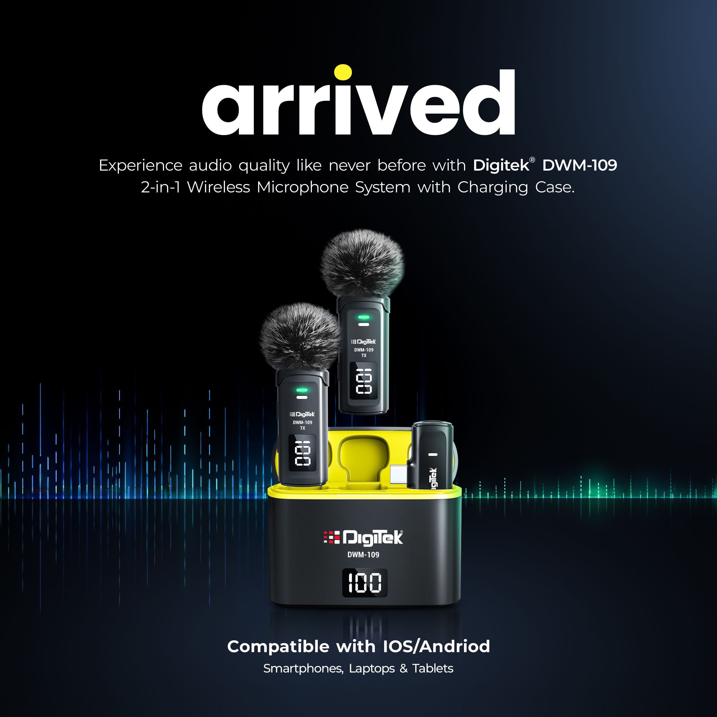 نظام ميكروفون لاسلكي ثنائي الوظائف Digitek® DWM-109، مدى 50 مترًا، بطارية تدوم 7 ساعات، محول من النوع C إلى Lightning، 2.4 جيجاهرتز، خاصية تقليل الضوضاء، متوافق مع أجهزة Android وiPhone، لتسجيل الاجتماعات والمقابلات والمزيد