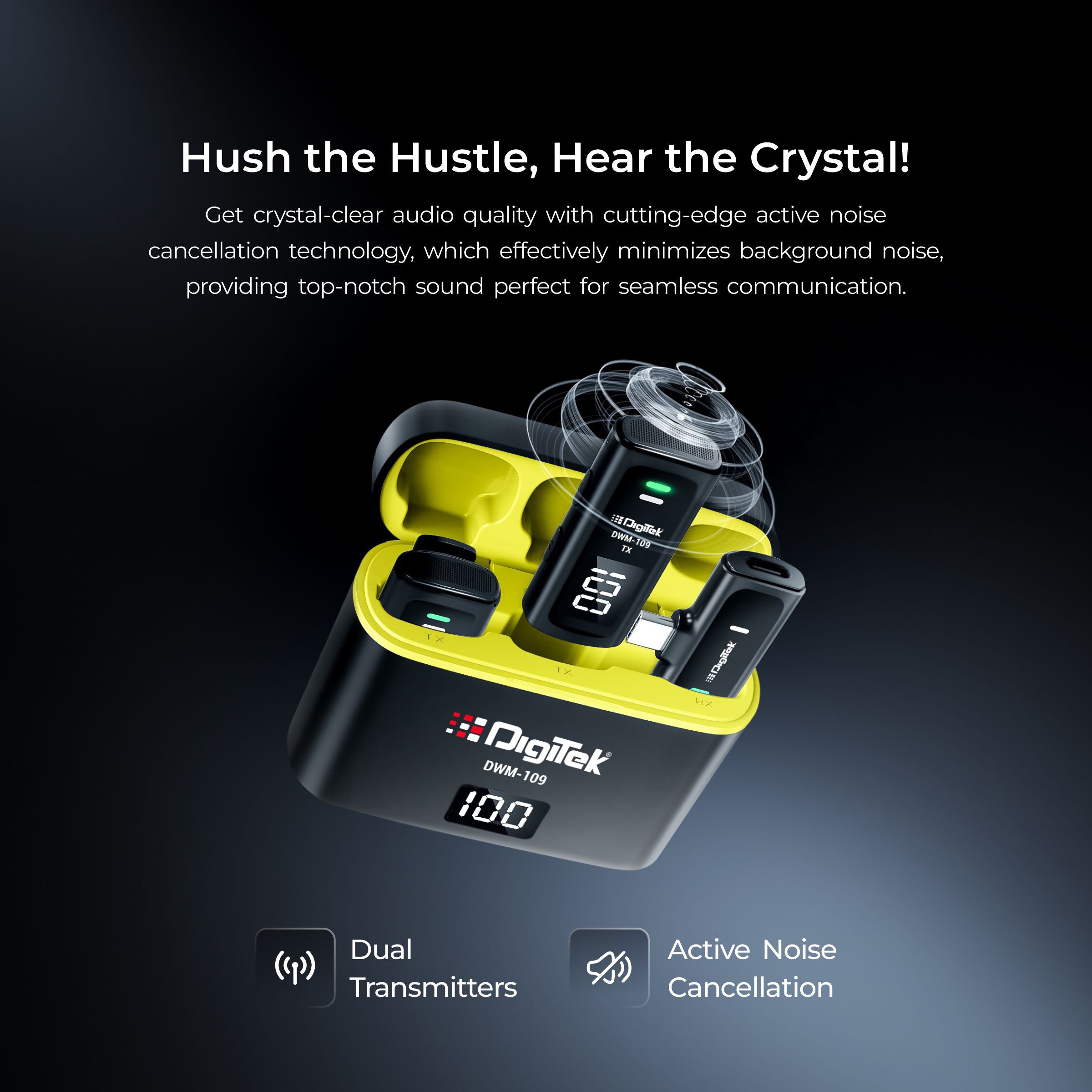 نظام ميكروفون لاسلكي ثنائي الوظائف Digitek® DWM-109، مدى 50 مترًا، بطارية تدوم 7 ساعات، محول من النوع C إلى Lightning، 2.4 جيجاهرتز، خاصية تقليل الضوضاء، متوافق مع أجهزة Android وiPhone، لتسجيل الاجتماعات والمقابلات والمزيد