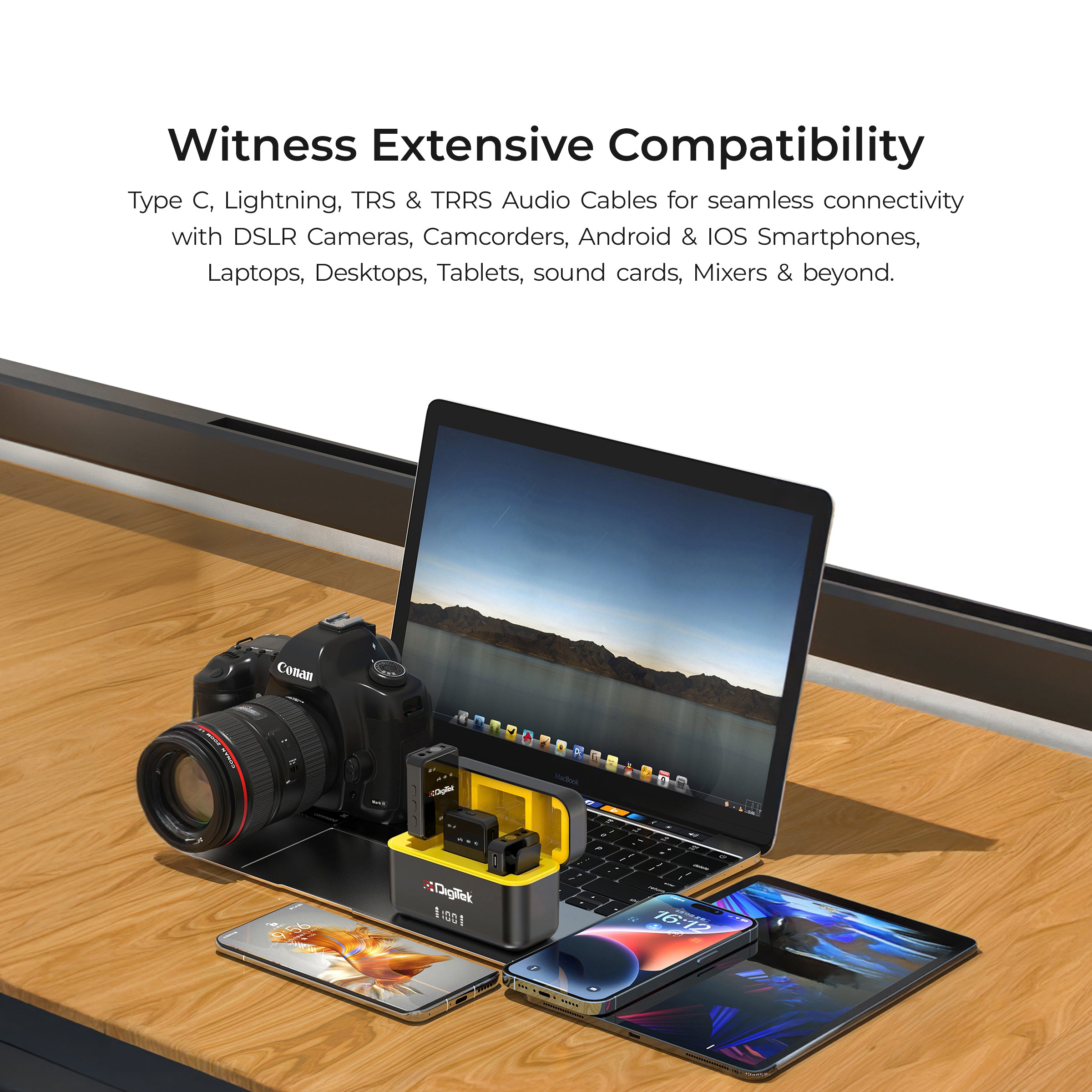 نظام ميكروفون لاسلكي ثنائي الوظائف من ديجيتك® (DWM-110) بتردد 2.4 جيجاهرتز، مدى يصل إلى 50 مترًا، مدة تشغيل تصل إلى 8 ساعات، سهل الاستخدام، مزود بخاصية إلغاء الضوضاء، متوافق مع أجهزة أندرويد/آيفون، مثالي لمدونات الفيديو والاجتماعات وتصوير الفيديو.