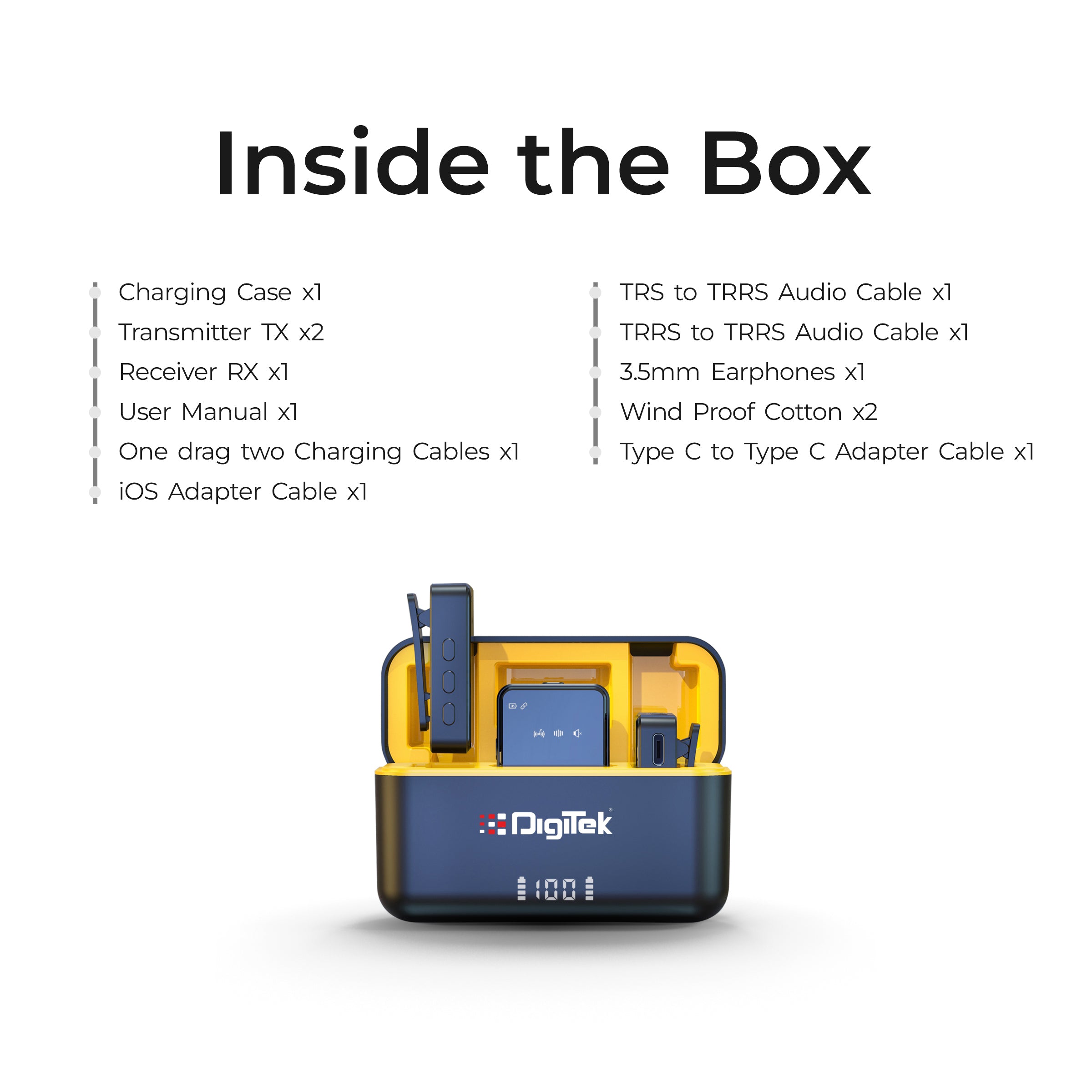 نظام ميكروفون لاسلكي ثنائي الوظائف من ديجيتك® (DWM-110) بتردد 2.4 جيجاهرتز، مدى يصل إلى 50 مترًا، مدة تشغيل تصل إلى 8 ساعات، سهل الاستخدام، مزود بخاصية إلغاء الضوضاء، متوافق مع أجهزة أندرويد/آيفون، مثالي لمدونات الفيديو والاجتماعات وتصوير الفيديو.