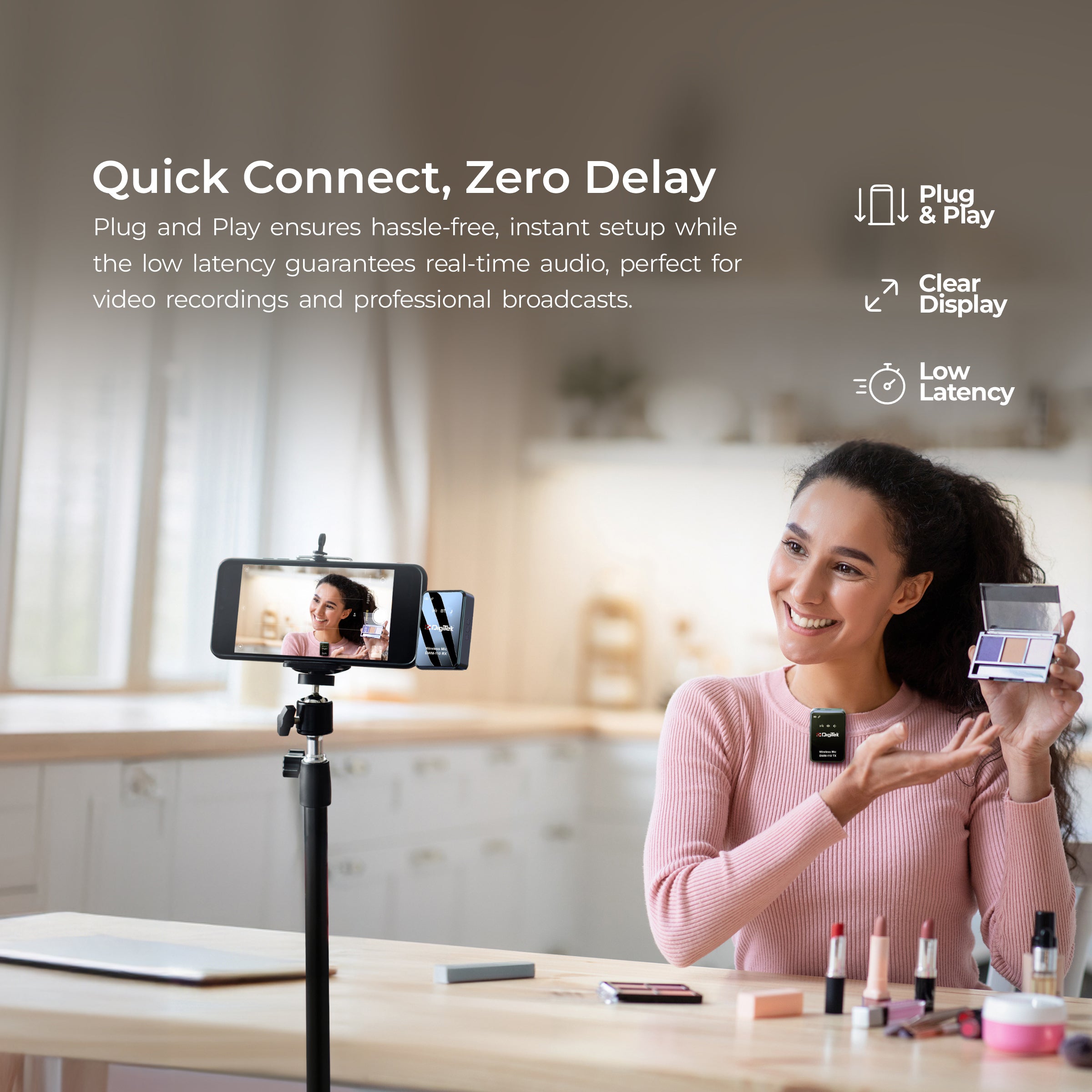 نظام ميكروفون لاسلكي ثنائي الوظائف من ديجيتك® (DWM-110) بتردد 2.4 جيجاهرتز، مدى يصل إلى 50 مترًا، مدة تشغيل تصل إلى 8 ساعات، سهل الاستخدام، مزود بخاصية إلغاء الضوضاء، متوافق مع أجهزة أندرويد/آيفون، مثالي لمدونات الفيديو والاجتماعات وتصوير الفيديو.