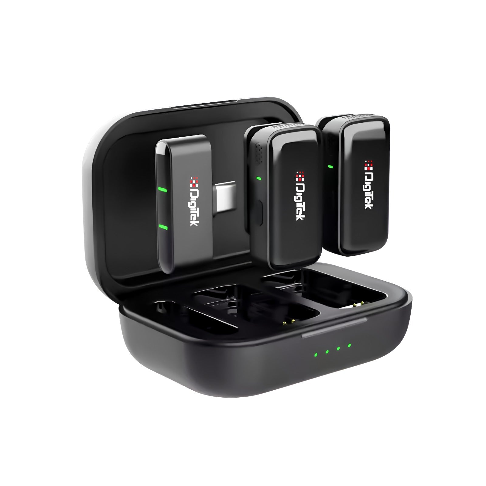 نظام ميكروفون لاسلكي Digitek (DWM 120)، مزود بخاصية تقليل الضوضاء، وميكروفون بتردد 2.4 جيجاهرتز بمدى يصل إلى 50 مترًا وبطارية تدوم 4.5 ساعات، متوافق مع هواتف iPhone وAndroid الذكية، مثالي لمدونات الفيديو والبث المباشر والمقابلات