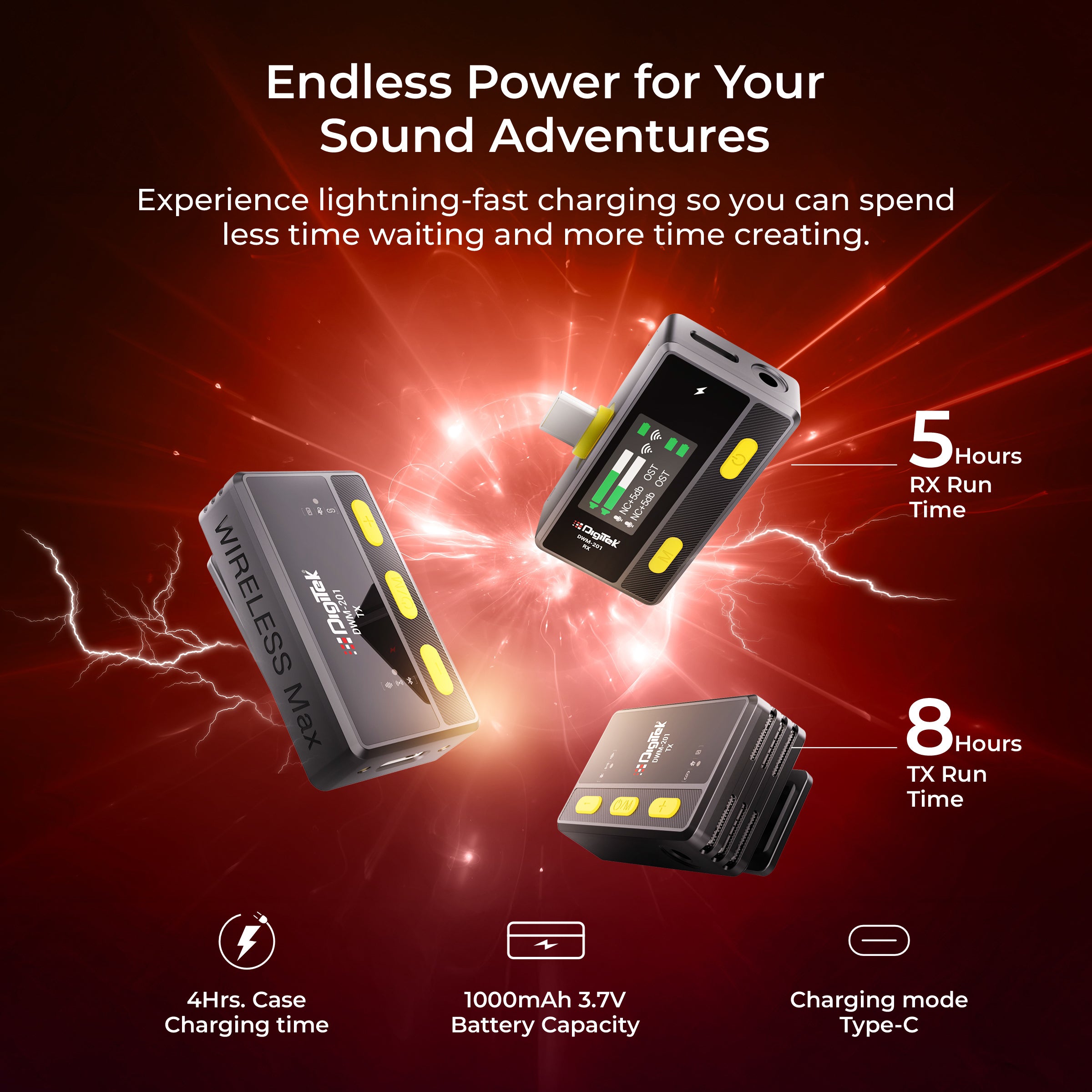 نظام ميكروفون لاسلكي Digitek DWM-201 مع جهاز تحكم عن بعد وخاصية إلغاء الضوضاء، 12 مؤثرًا صوتيًا، 3 أوضاع صوتية، مدى يصل إلى 50 مترًا، يُستخدم مع أجهزة iPhone/Android وكاميرات DSLR لتسجيل الفيديوهات والمقابلات والبودكاست.