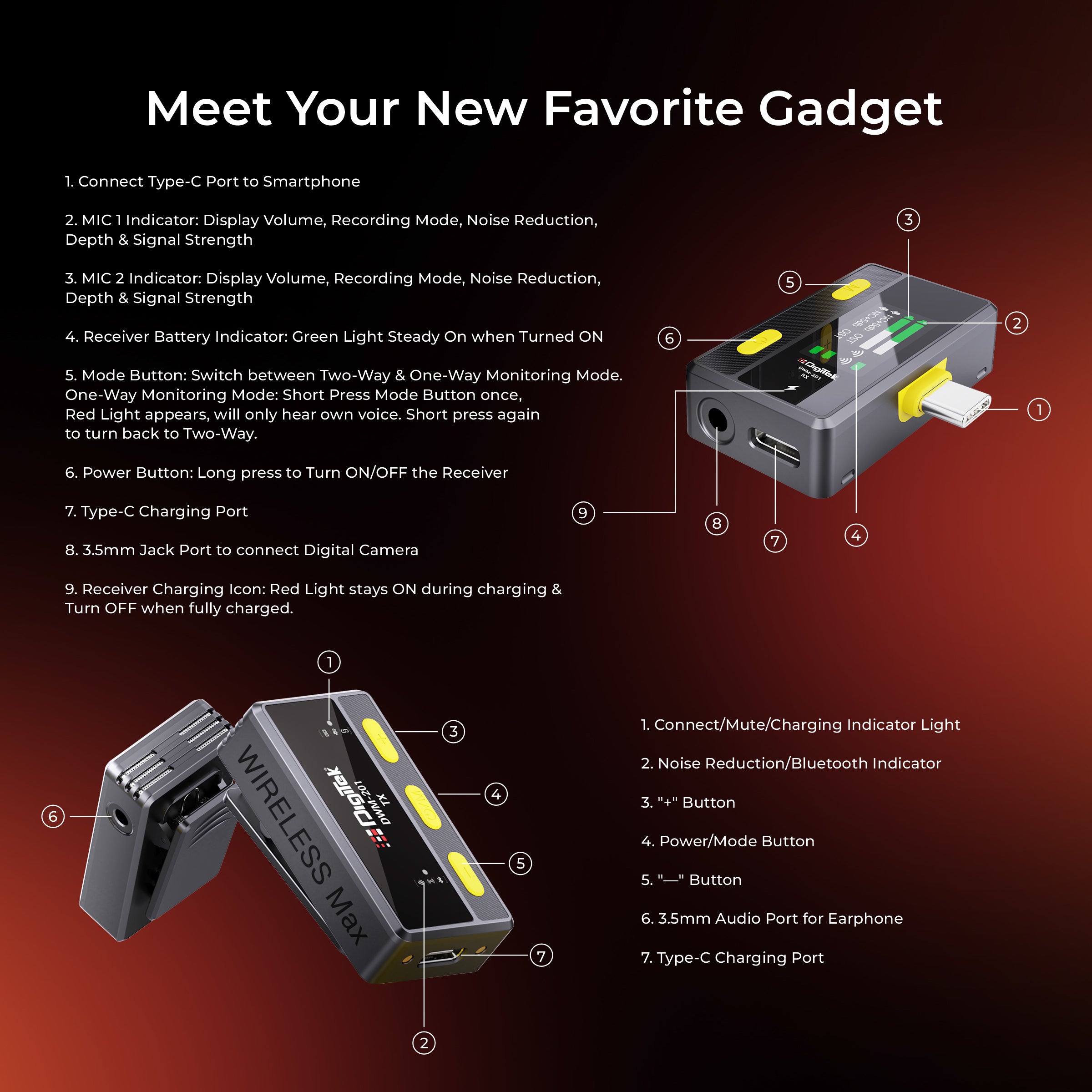 نظام ميكروفون لاسلكي Digitek DWM-201 مع جهاز تحكم عن بعد وخاصية إلغاء الضوضاء، 12 مؤثرًا صوتيًا، 3 أوضاع صوتية، مدى يصل إلى 50 مترًا، يُستخدم مع أجهزة iPhone/Android وكاميرات DSLR لتسجيل الفيديوهات والمقابلات والبودكاست.