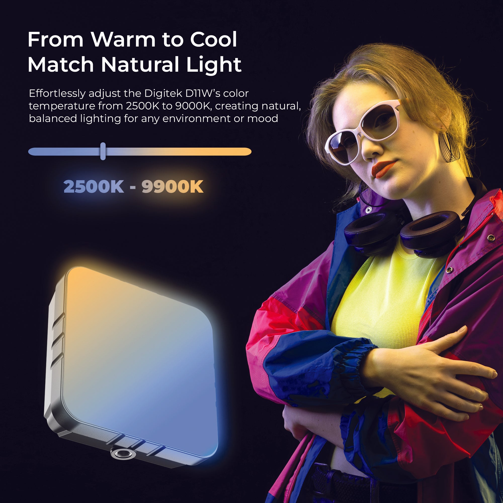 DIGITEK (LED-D11W RGB) 11W Portable Mini RGB LED Video Light with 2000mAh Battery, 21 Lighting Effects, 2500K–9900K CCT, HSI 0–360°, 120° Beam, CRI <95, 1/4" Mount, For Photography & Videography