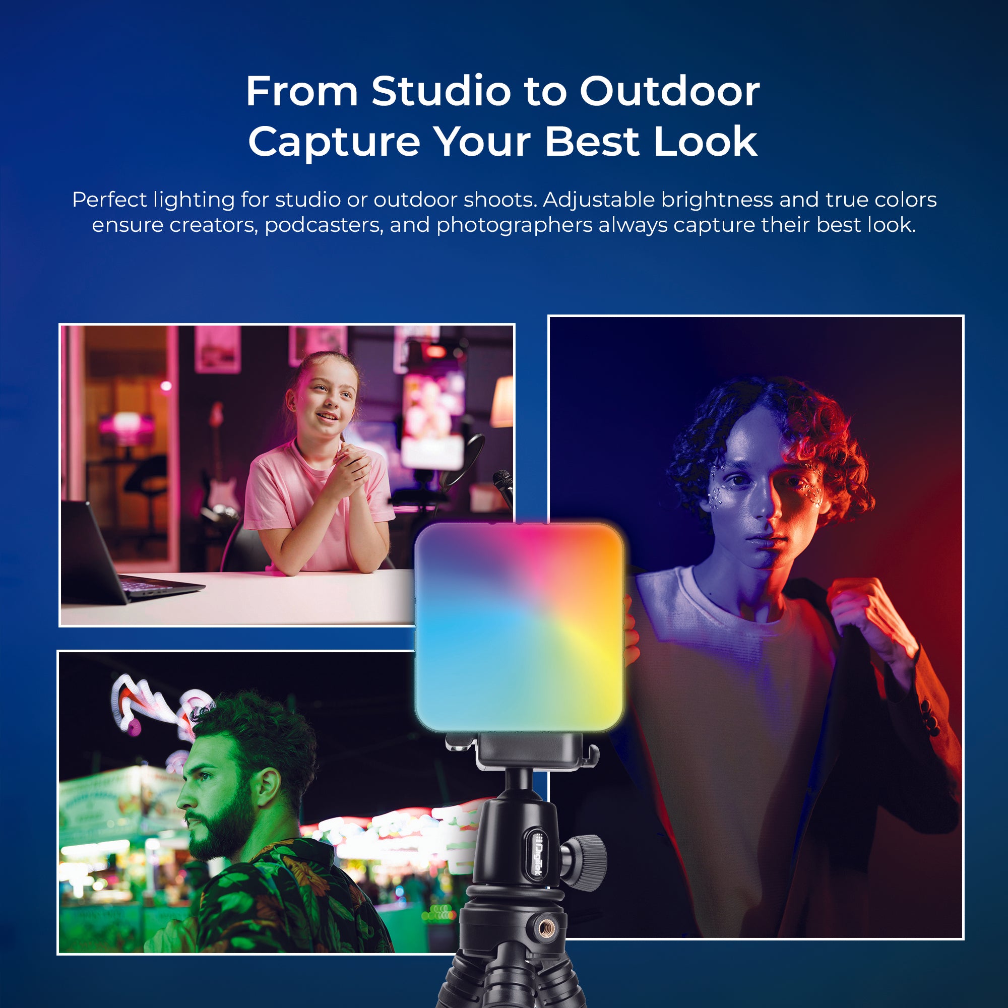 DIGITEK (LED-D11W RGB) 11W Portable Mini RGB LED Video Light with 2000mAh Battery, 21 Lighting Effects, 2500K–9900K CCT, HSI 0–360°, 120° Beam, CRI <95, 1/4" Mount, For Photography & Videography