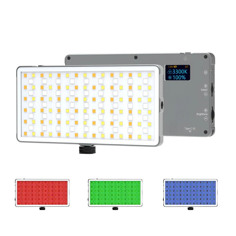 مصباح LED من ديجيتك® (LED-D135 N ML) بقوة 12 واط، هيكل معدني، إضاءة RGB LED مع شاشة OLED، سطوع قابل للتعديل وتحكم في الألوان بزاوية 360 درجة، شحن USB-C، 21 تأثيرًا مُعدًا مسبقًا، إضاءة متعددة المشاهد لتصوير الصور والفيديو.