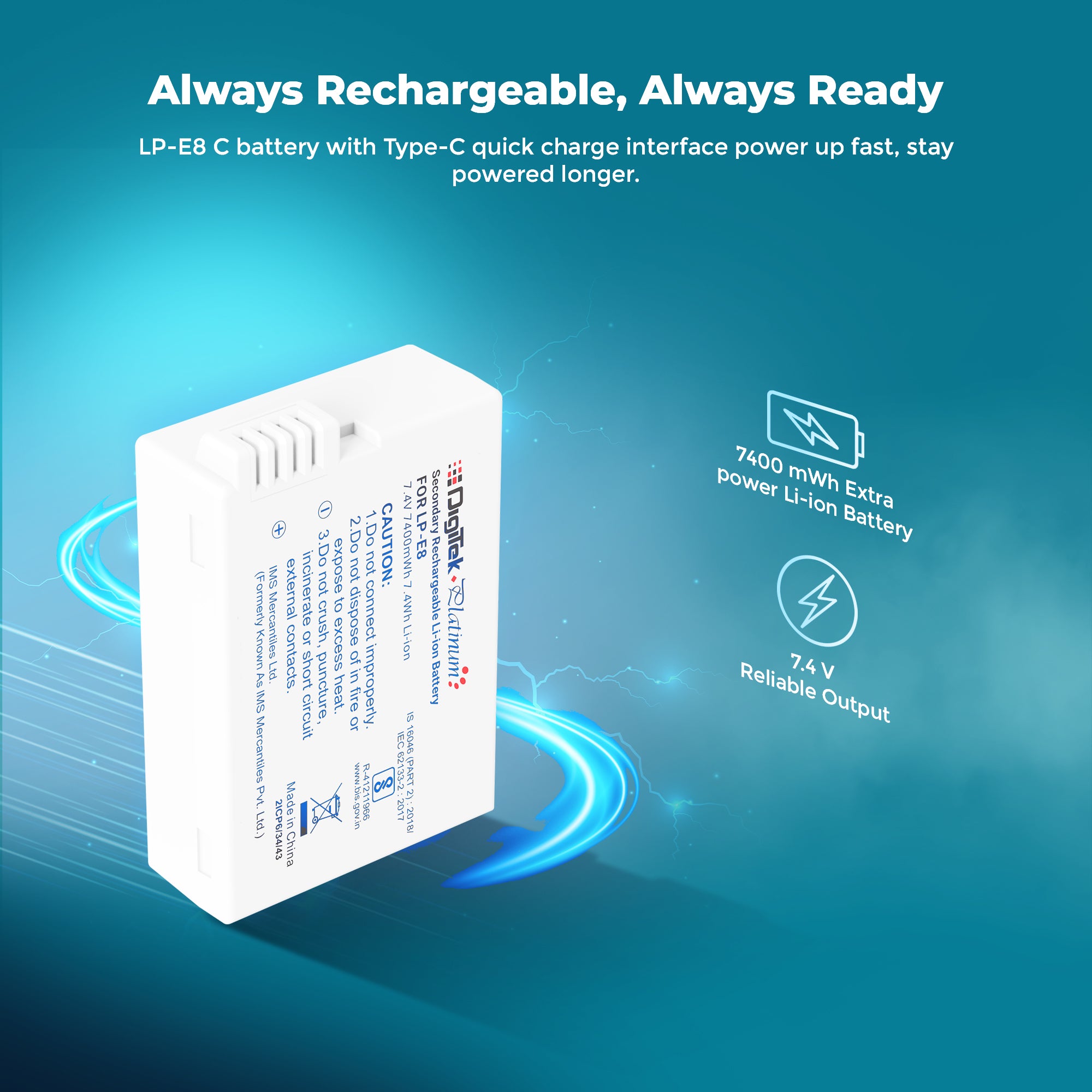 بطارية ديجيتك بلاتينيوم (LP-E8 من النوع C) ليثيوم أيون بسعة 1120 مللي أمبير/ساعة لكاميرات كانون DSLR مع كابل شحن من النوع C، متوافقة مع كاميرات كانون باور شوت EOS 550D، 600D، 650D، 700D، كيس X4–X7i، وريبل T2i–T5i