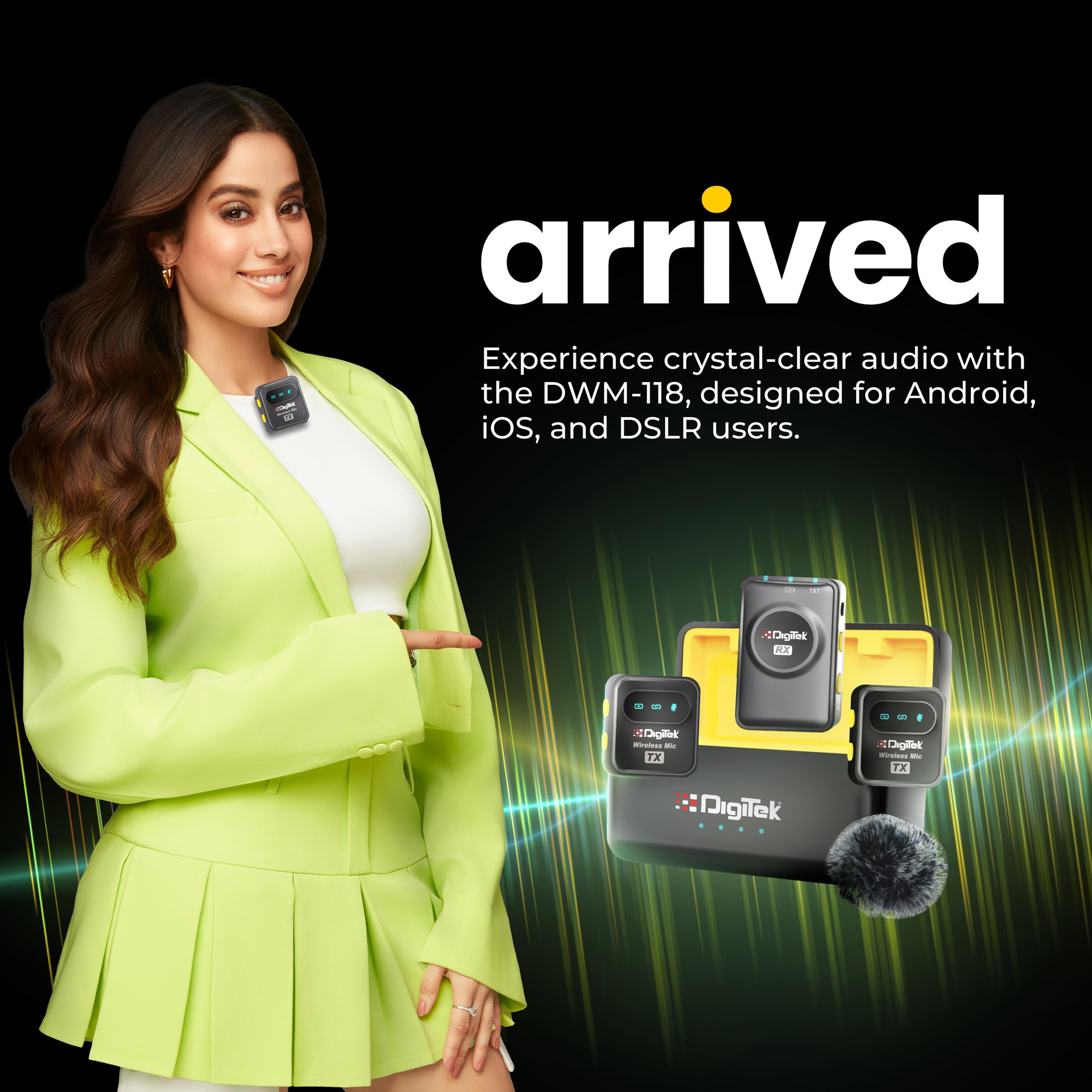 ميكروفون لاسلكي ثنائي الوظائف من ديجيتك® (DWM-118)، مدى 50 متر، خاصية تقليل الضوضاء، بطارية تدوم 7 ساعات، سهل الاستخدام، محول من C إلى C ومن C إلى LTC، متوافق مع أنظمة iOS/Android/DSLR - مثالي لمدونات الفيديو/المقابلات/تصوير الفيديو