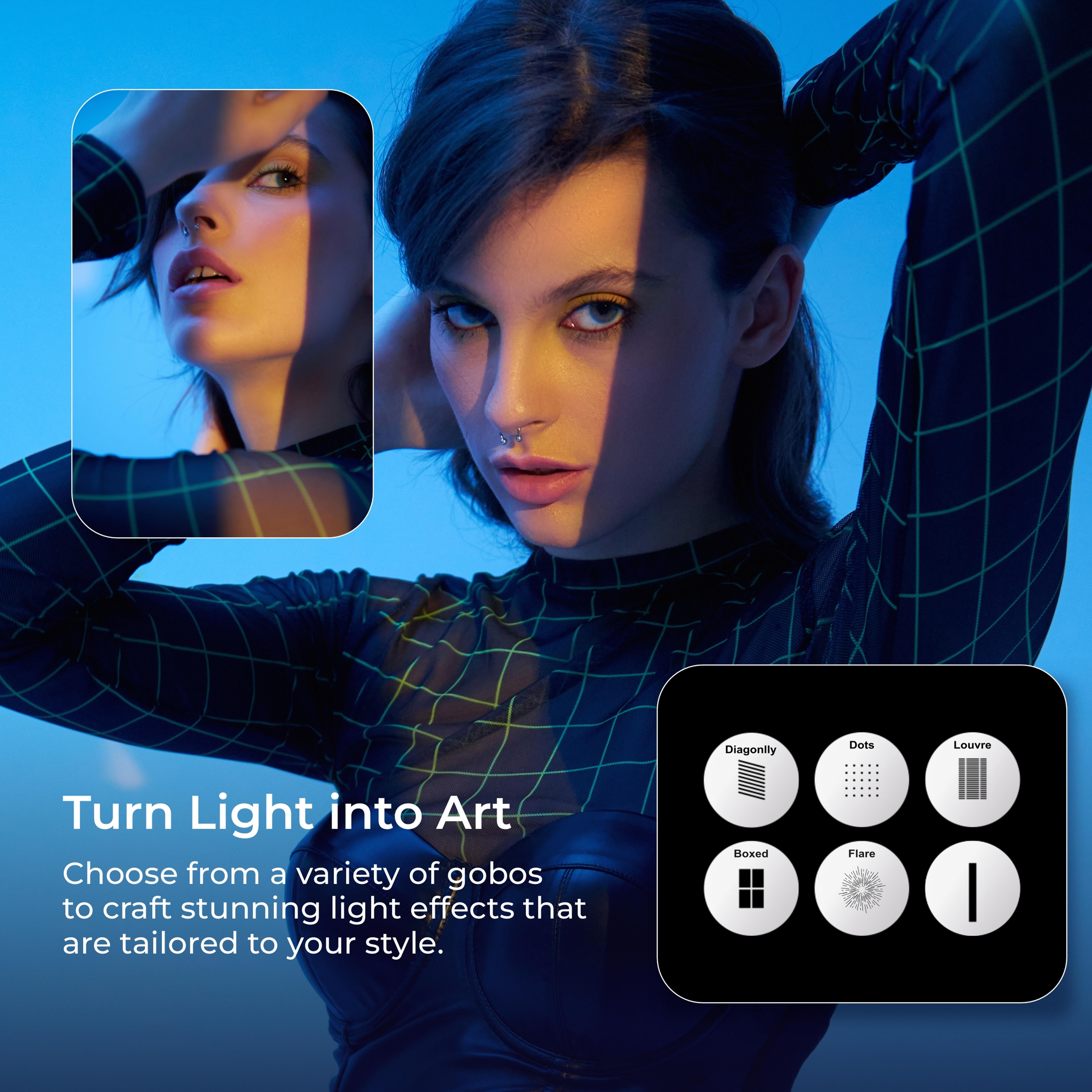 مجموعة جهاز عرض ضوئي Digitek (DS-240) Bowens Mount Optical Snoot مع إطار Gobo و 4 أفلام ملونة، و 6 أنماط Gobo من الفولاذ المقاوم للصدأ، وعدسة 38 درجة لأضواء LED، وعرض صورة حاد، ومناسب لأضواء LED المستمرة.