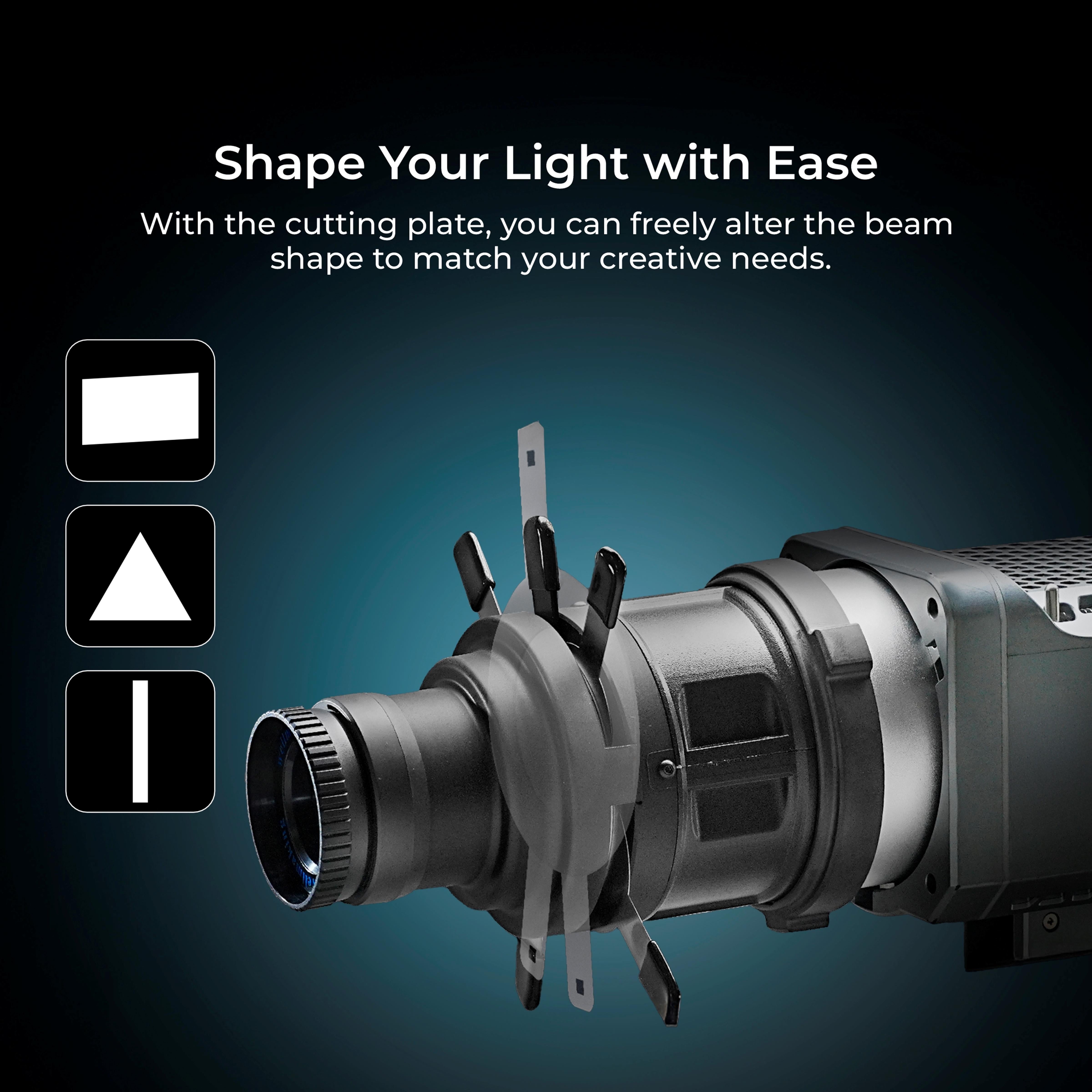 مجموعة جهاز عرض ضوئي Digitek (DS-240) Bowens Mount Optical Snoot مع إطار Gobo و 4 أفلام ملونة، و 6 أنماط Gobo من الفولاذ المقاوم للصدأ، وعدسة 38 درجة لأضواء LED، وعرض صورة حاد، ومناسب لأضواء LED المستمرة.