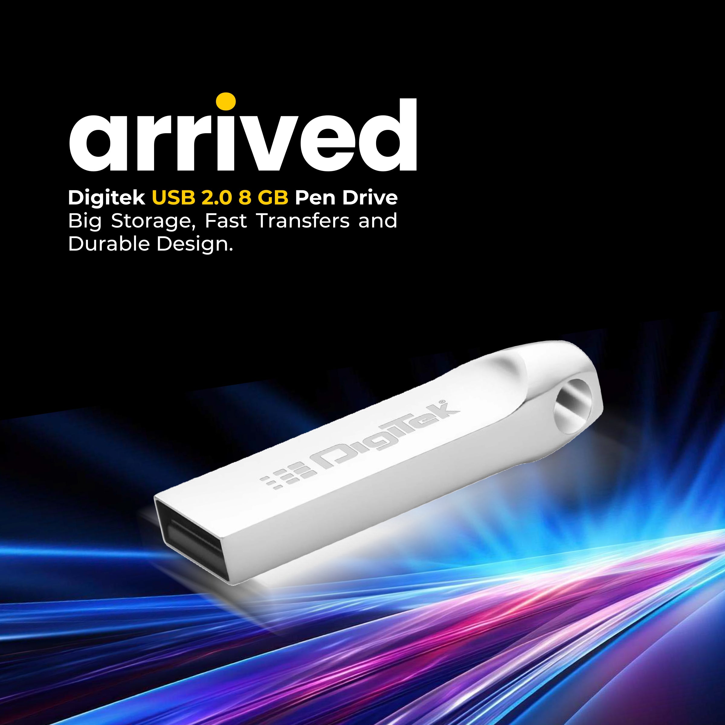 محرك أقراص فلاش USB 2.0 من ديجيتك (دود 8 جيجابايت 2.0 فولت) بسعة 8 جيجابايت، يتميز بسرعة قراءة وكتابة عالية، وهو مغناطيسي ومقاوم للأشعة السينية ودرجات الحرارة، ومتوافق مع أنظمة التشغيل ويندوز وماك.