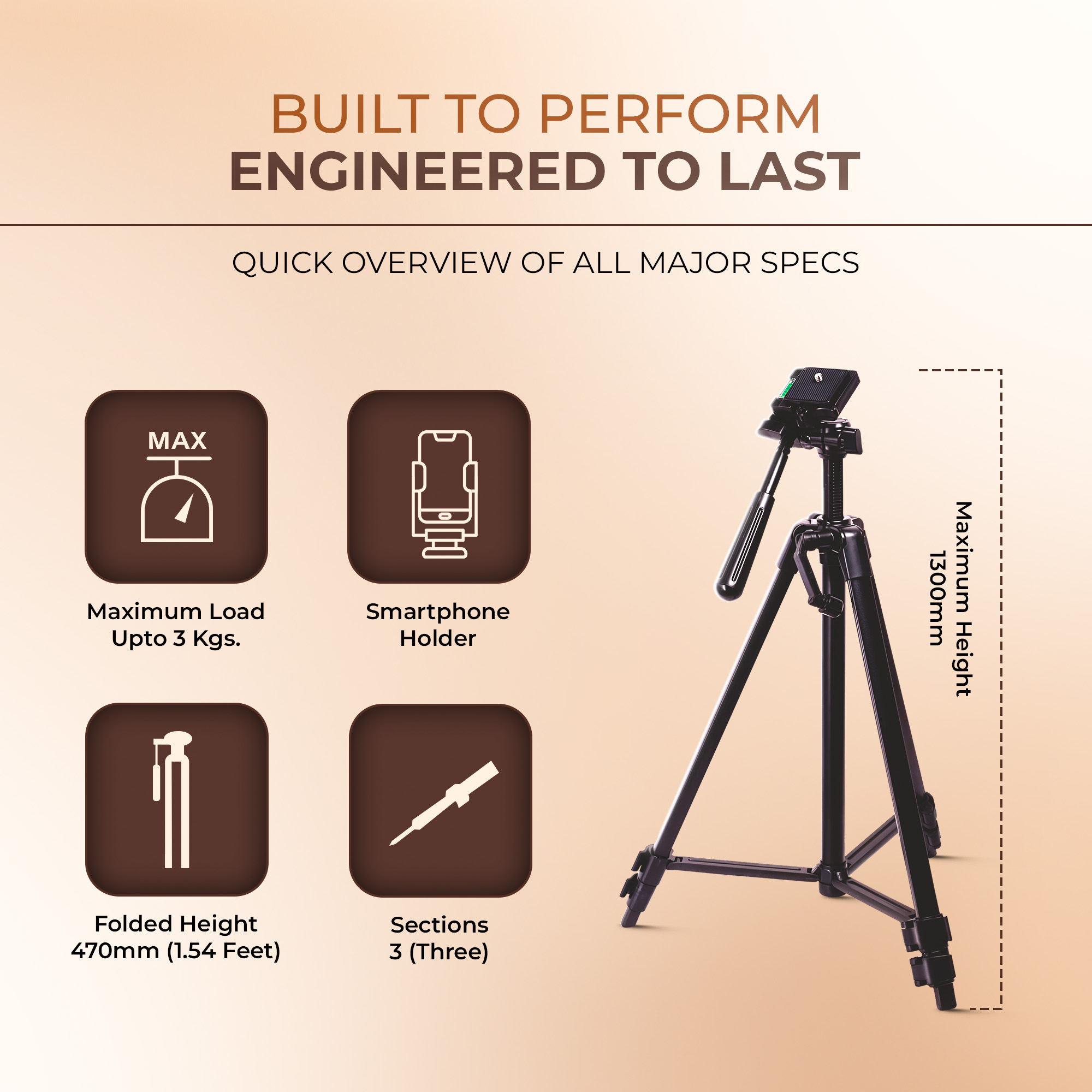 Digitek (DTR-425 LW) Portable Tripod Stand with Smartphone Holder, 4.26ft Height, Pan & Multipurpose Quick Release Head, Rubberised Legs, 3kg Load Capacity, Ideal for DSLR Camera & Mobile Photography