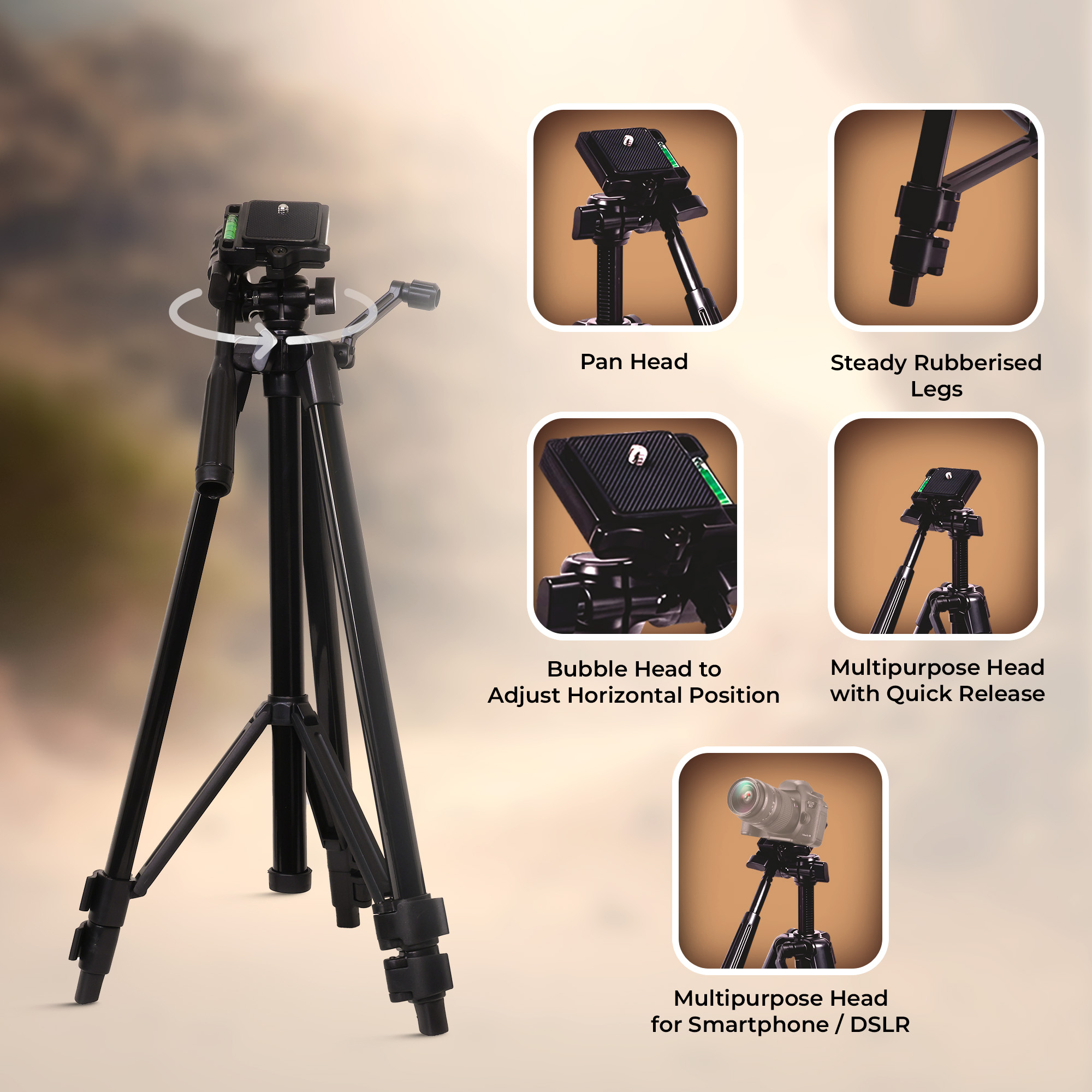 Digitek (DTR-425 LW) Portable Tripod Stand with Smartphone Holder, 4.26ft Height, Pan & Multipurpose Quick Release Head, Rubberised Legs, 3kg Load Capacity, Ideal for DSLR Camera & Mobile Photography
