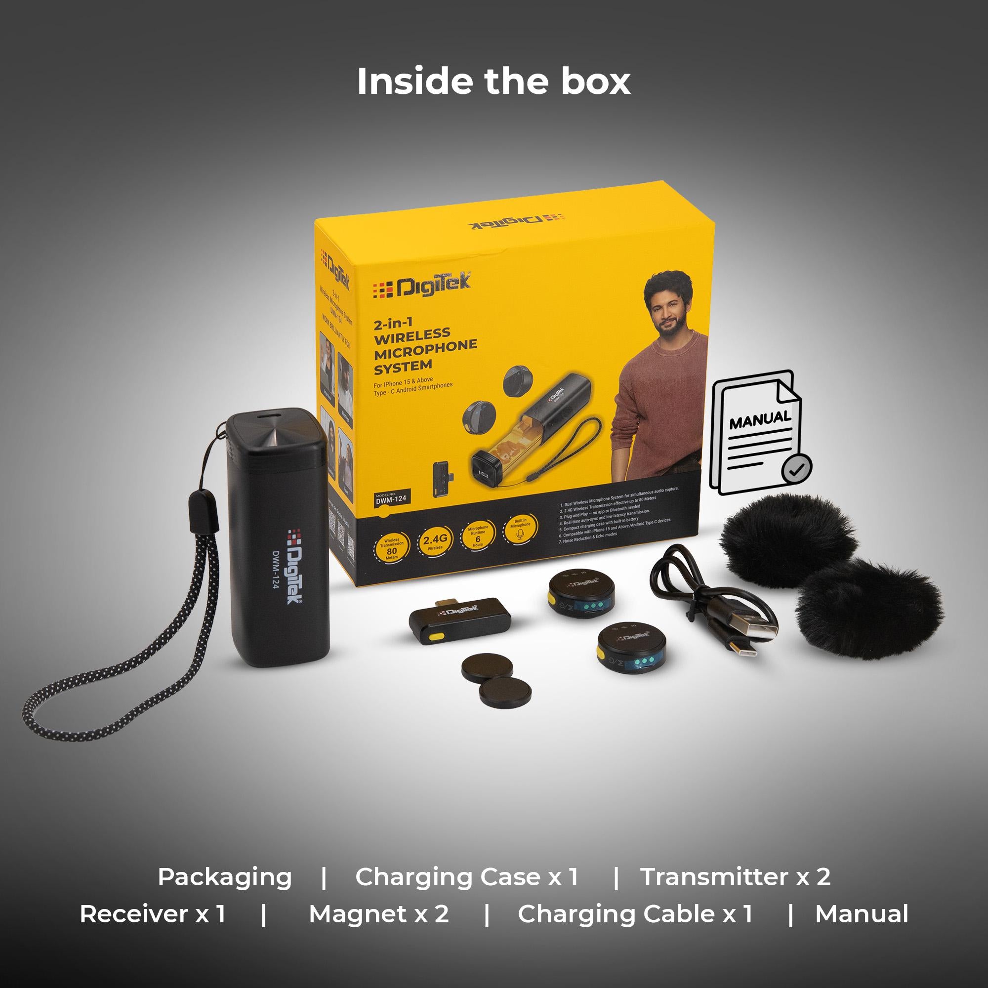 نظام ميكروفون لاسلكي ثنائي الوظائف من ديجيتك (DWM-124) لأجهزة آيفون 15 وما فوق وأجهزة أندرويد من النوع C، بمدى يصل إلى 80 مترًا، مع خاصية تقليل الضوضاء ووضع صدى الصوت، مثالي للمبدعين ومدوني الفيديو.