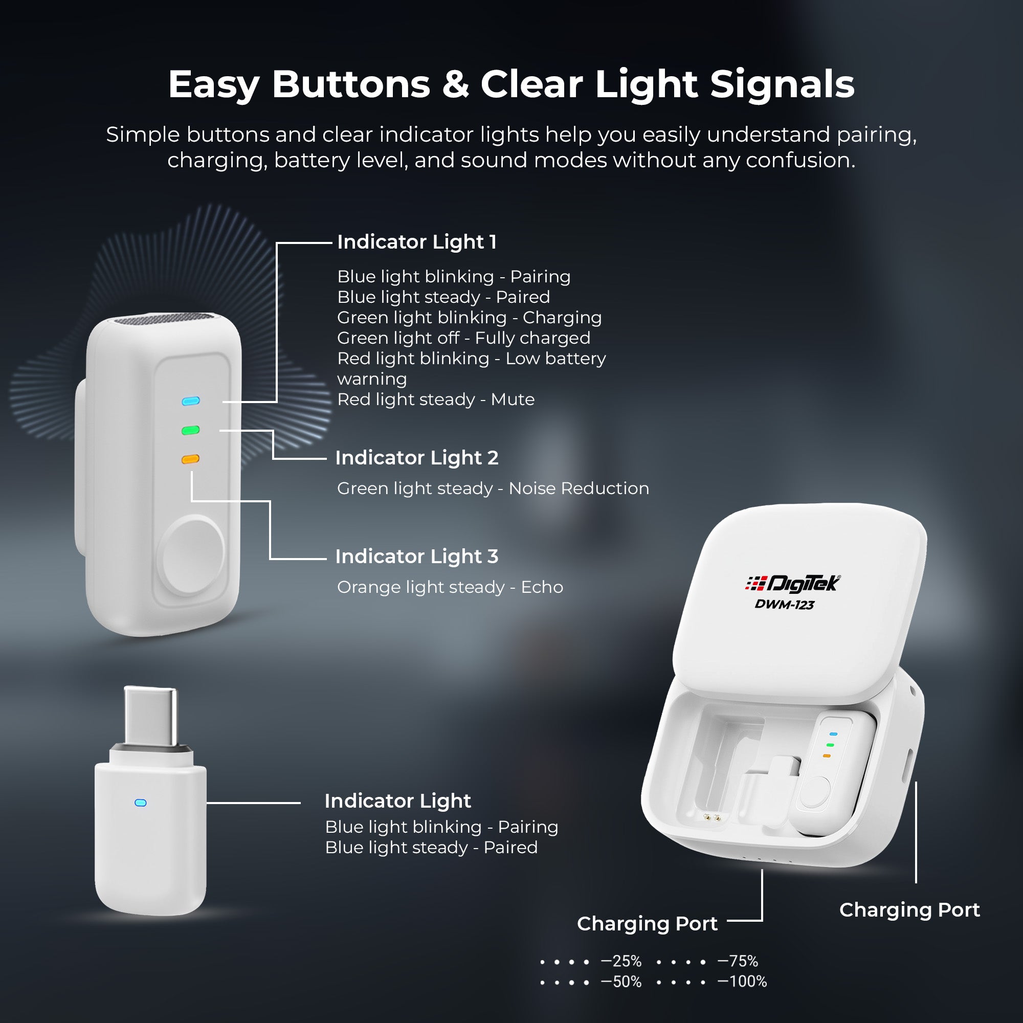 نظام ميكروفون لاسلكي Digitek (DWM 123) 2 في 1 مع علبة شحن ومشبك طوق مغناطيسي، وجهاز استقبال من النوع C لأجهزة iPhone 15 وما فوق، وهواتف Android، ومدى 60 مترًا، وميكروفون مدمج، للمبدعين ومدوني الفيديو (أبيض)