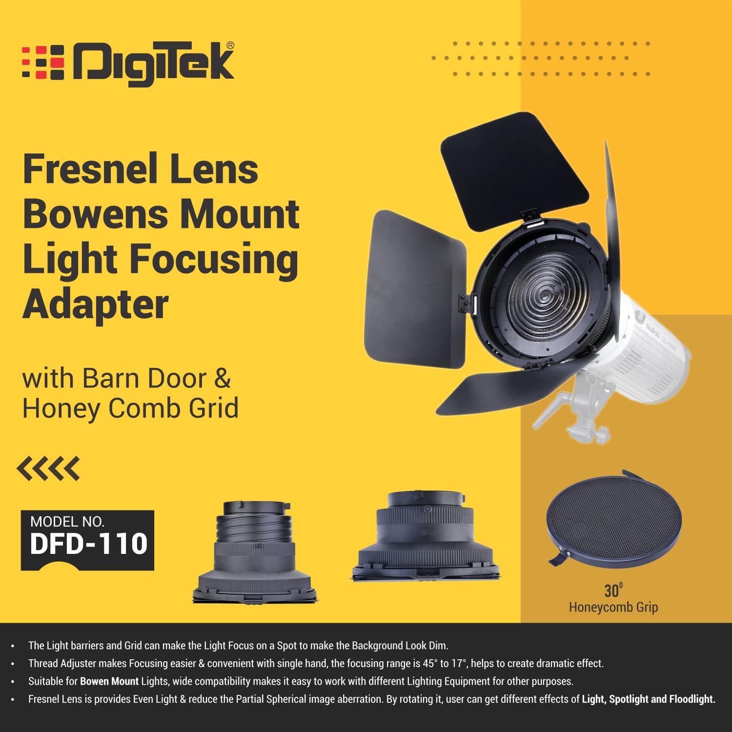 Digitek DFD-110 Fresnel Lens Bowens Mount Light Focusing Adapter with Barn Door & Honeycomb Grid - Digitek