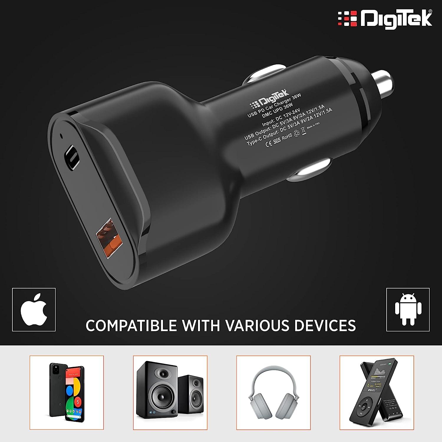Digitek (DMC UPD 36W, Black) Cellular Phones Qc Pd 36W Car Charger With Quick Charge 3.0 And Power Delivery, Type-C & Usb Port With Wide Compatibility (DMC UPD 36W, Black) - Digitek