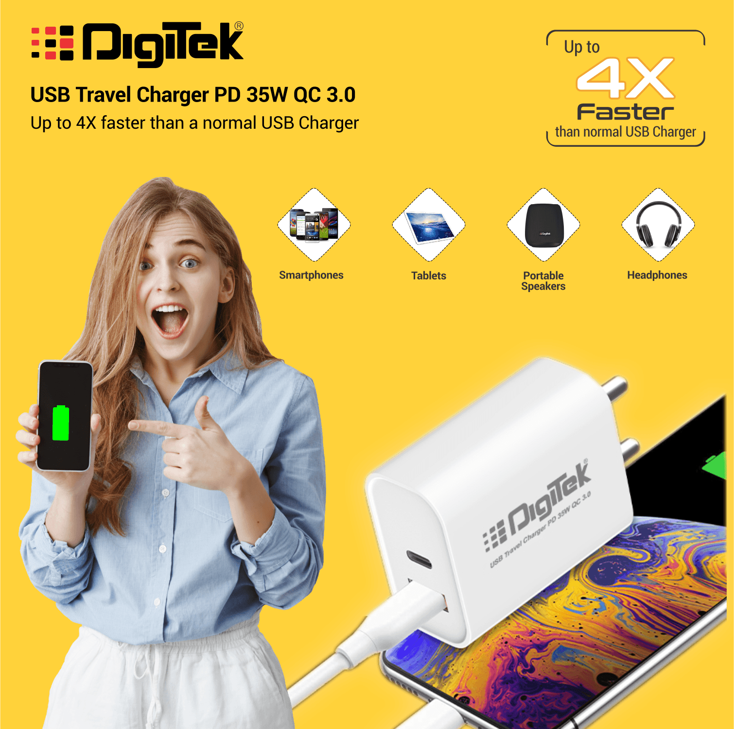 Digitek (DMPD QC 35W) USB Travel Charger QC 3.0 PD 35W, up to 4X Faster Than a Normal USB Charger - Digitek