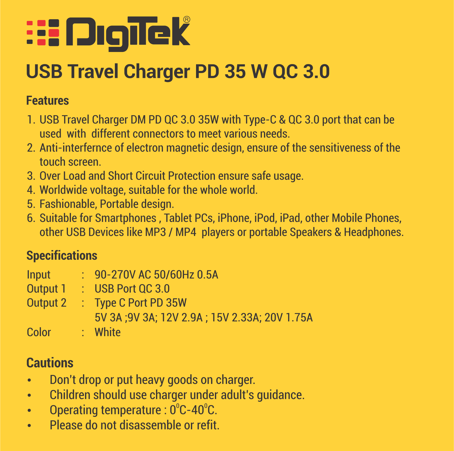 Digitek (DMPD QC 35W) USB Travel Charger QC 3.0 PD 35W, up to 4X Faster Than a Normal USB Charger - Digitek