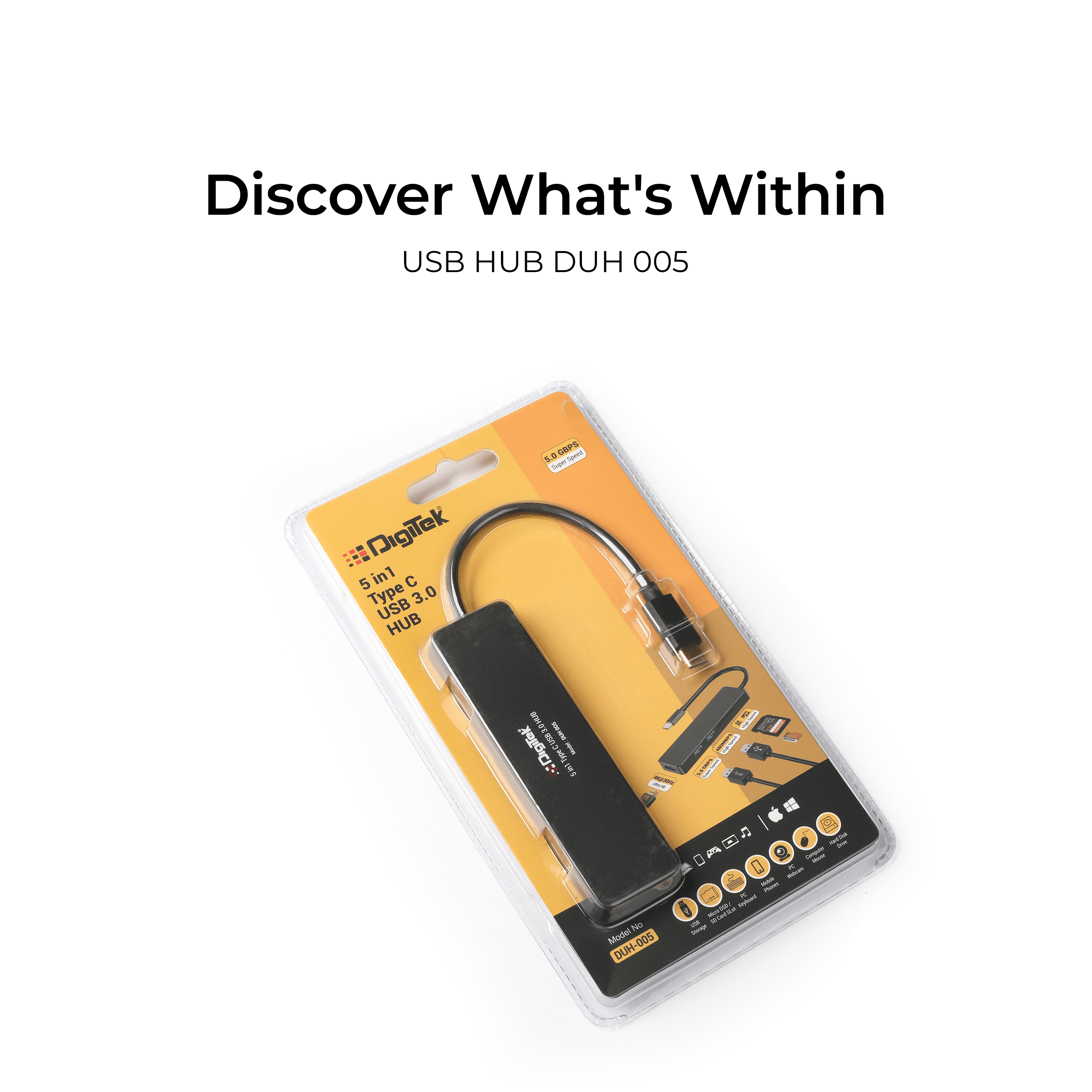 Digitek (DUH 005)USB Hub 5 in 1, 3 USB Port 2.0 & 2 TF & SD Slots Data Transfer Upto 480Mbps Compatible for MacBook, DELL, Computers & Other laptops, Black - Digitek