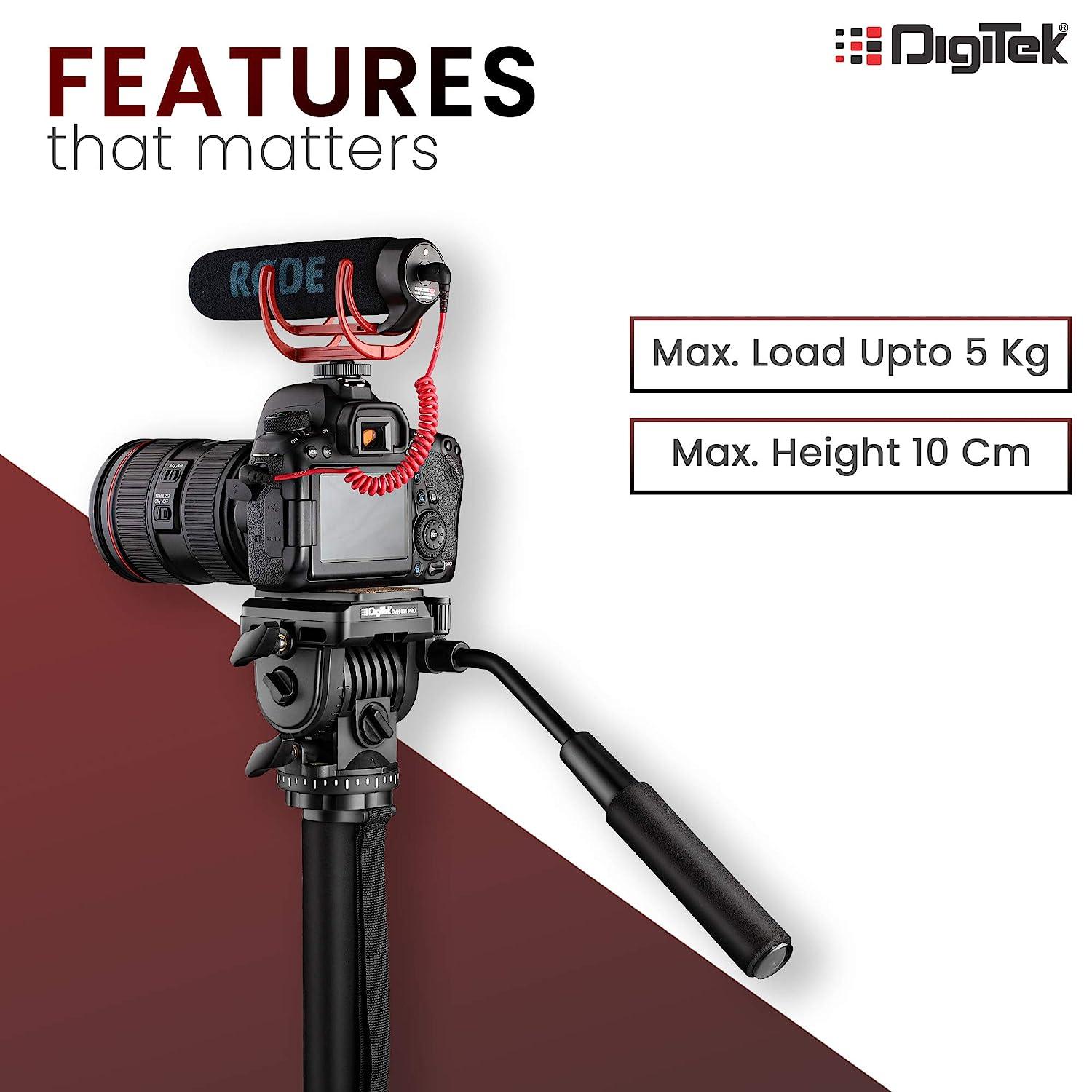 Digitek (DVH-001PRO) Video Fluid Head | Lightweight with Flat Base | Supports Multiple Tripods & Monopods (Load Capacity-5 Kgs) - Digitek