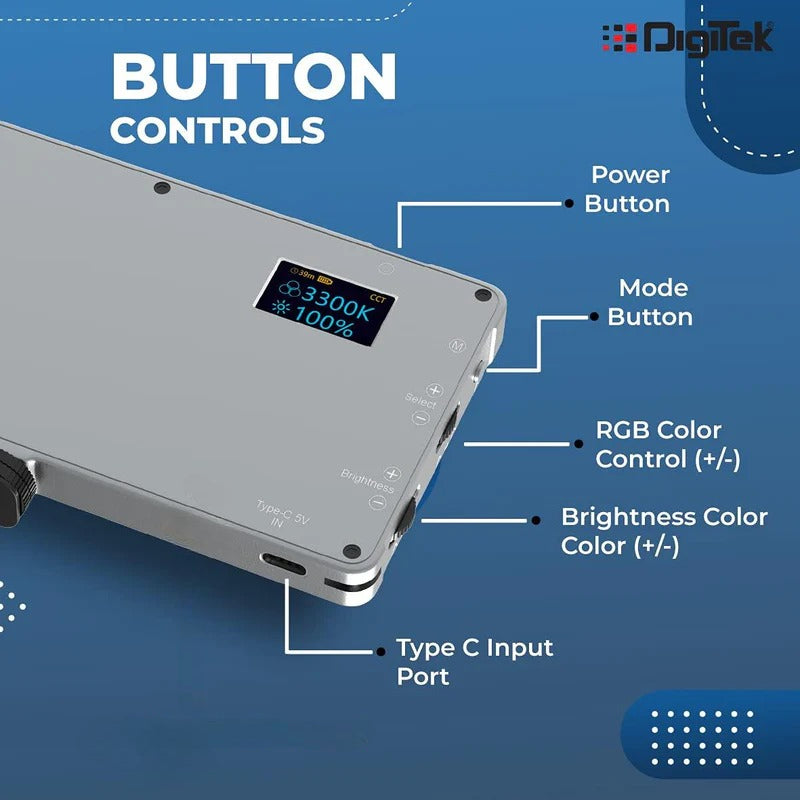 DIGITEK® (LED-D135 N ML) 12W Metal Body RGB LED Light with OLED Display, Adjustable Brightness & 360° Color Control, USB-C Charging, 21 Preset Effects, Multi-Scene Lighting for Photo & Video Shoots