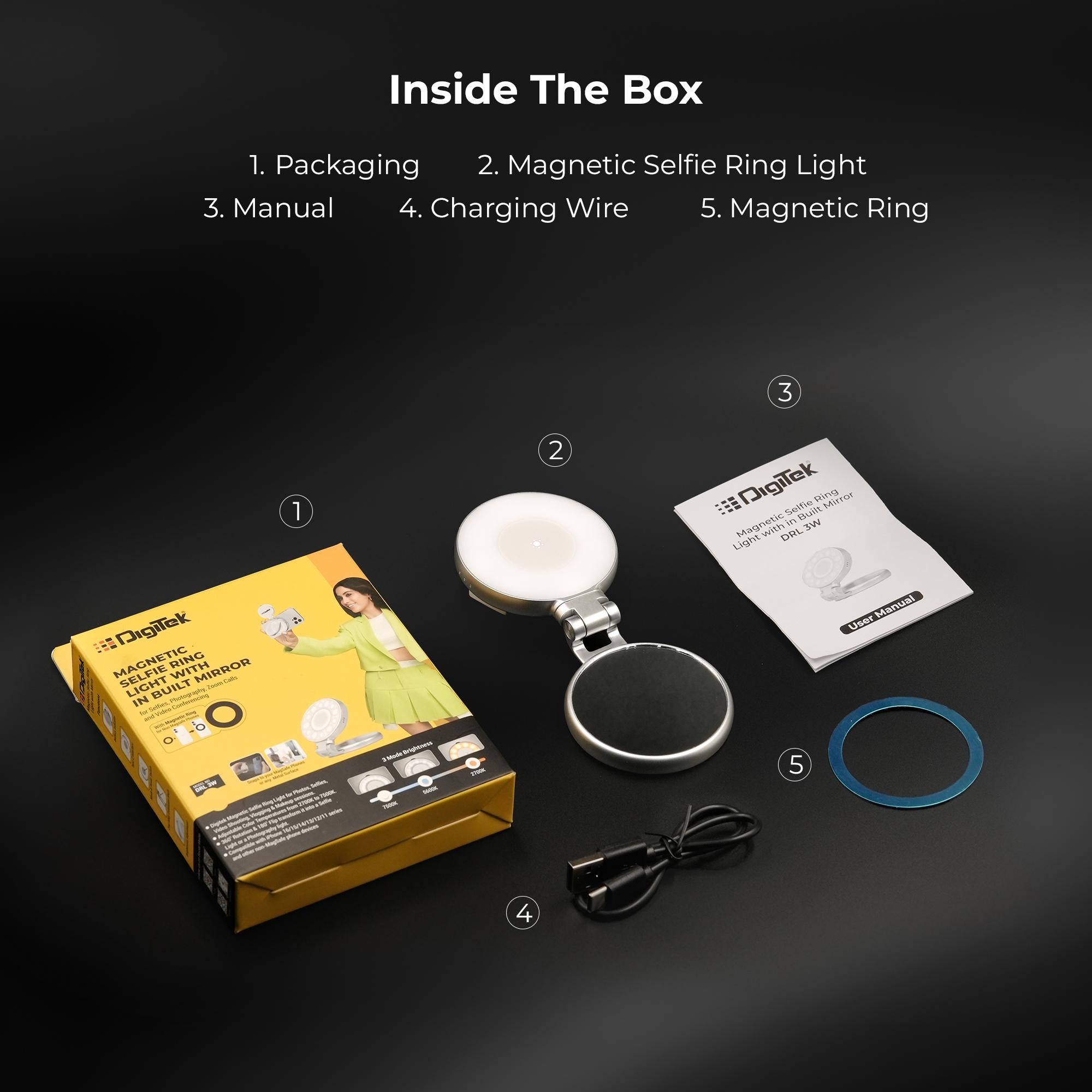 Digitek (DRL 3W) Magnetic Selfie Ring Light with Makeup Mirror, 3 Color Modes 2700K, 5600K, 7500K, 360° Rotation & 180° Pan, Type-C, Use with Smartphones, Laptops & Tabs for Vlogs, Meetings & Makeup