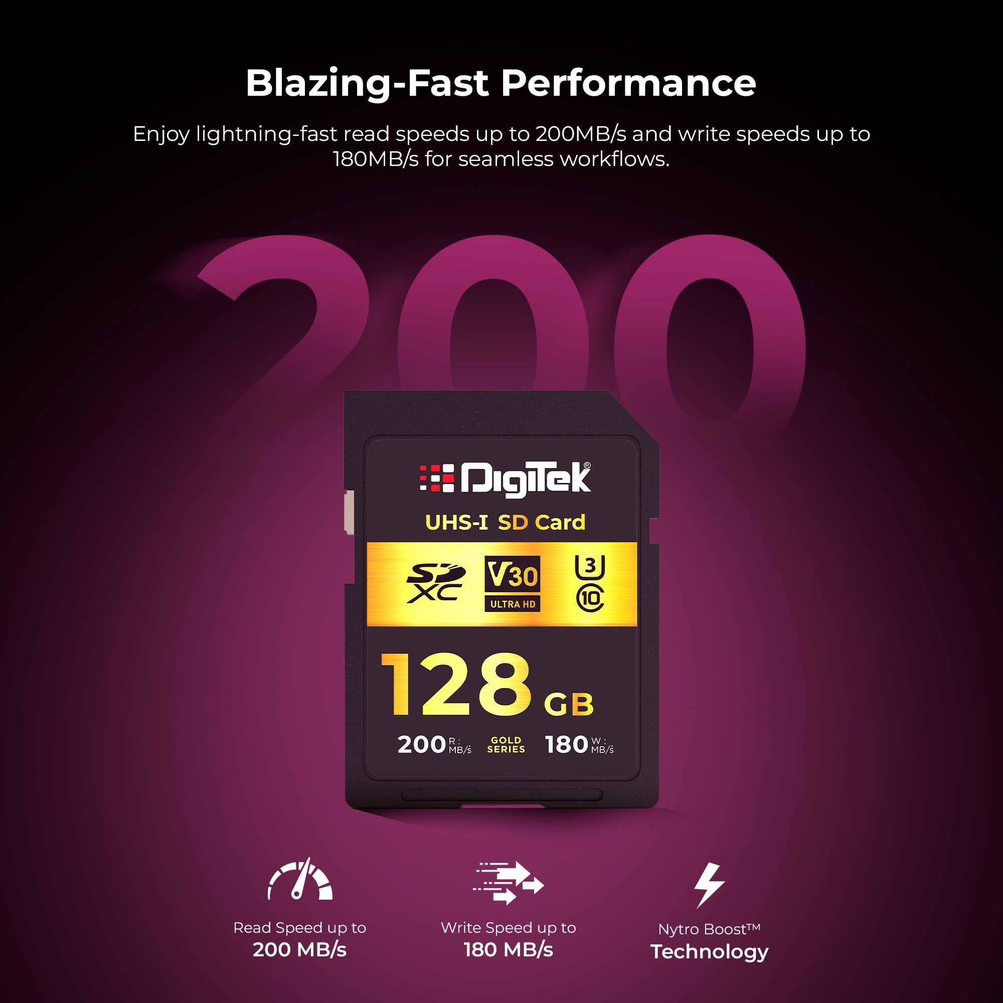 Digitek V30 Ultra HD 128GB UHS-I SD Card – 200MB/s Read, 180MB/s Write, Gold Series, 4K Ready