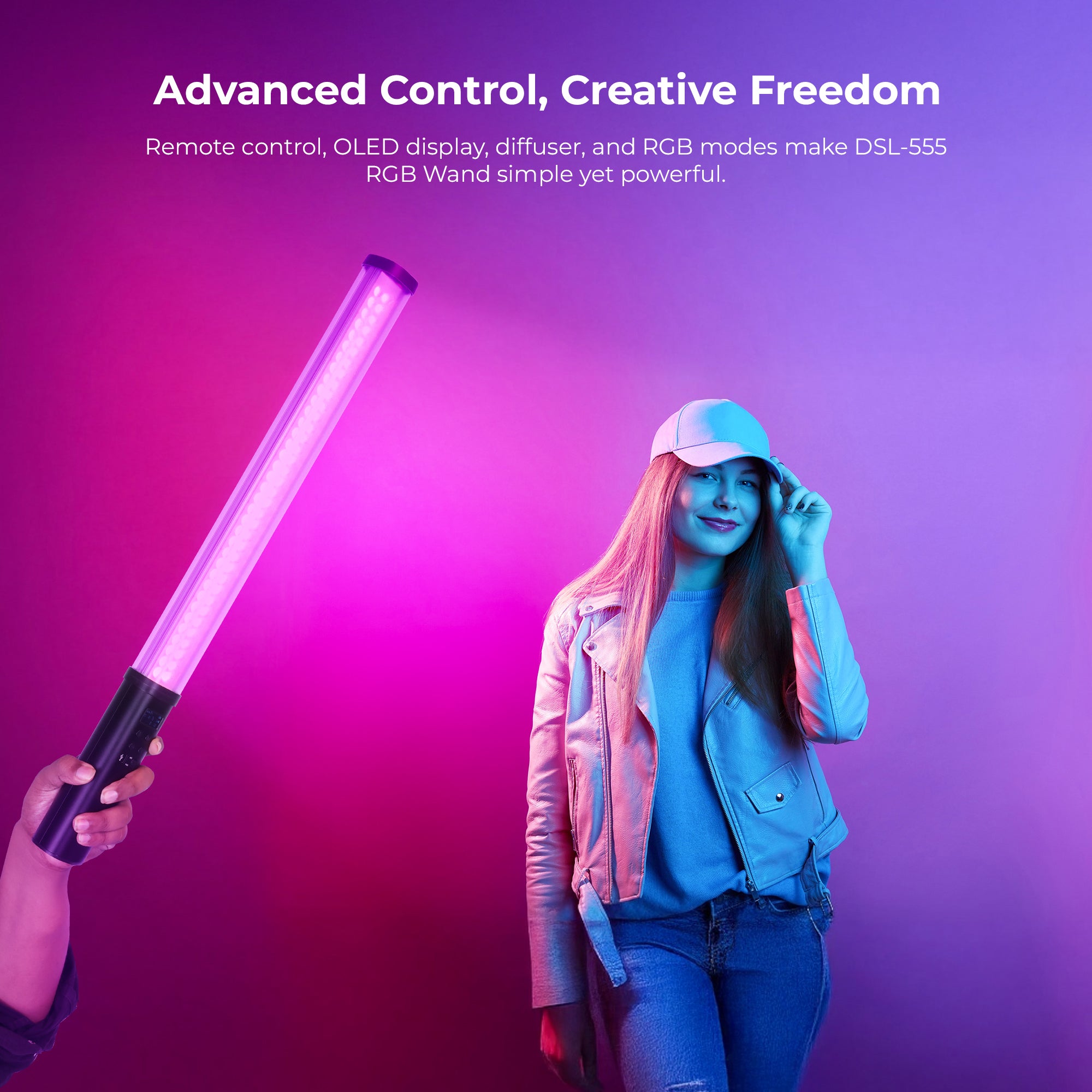 عصا إضاءة LED محمولة يدوية من Digitek (DSL 555 RGB) بقوة 38 واط، إضاءة فيديو بقوة 14200 لومن، درجة حرارة لون مزدوجة من 2500 كلفن إلى 9900 كلفن، تحكم عبر تطبيق، شاشة OLED و24 وضعًا للتأثيرات، تدعم التصوير الفوتوغرافي والفيديو الاحترافي