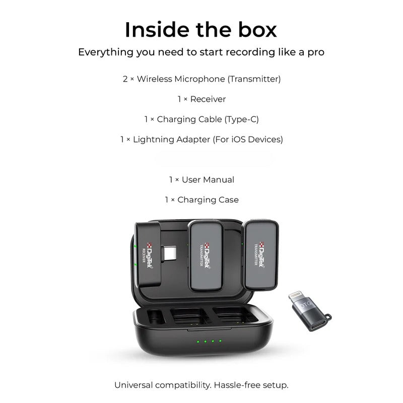 نظام ميكروفون لاسلكي Digitek (DWM 120)، مزود بخاصية تقليل الضوضاء، وميكروفون بتردد 2.4 جيجاهرتز بمدى يصل إلى 50 مترًا وبطارية تدوم 4.5 ساعات، متوافق مع هواتف iPhone وAndroid الذكية، مثالي لمدونات الفيديو والبث المباشر والمقابلات