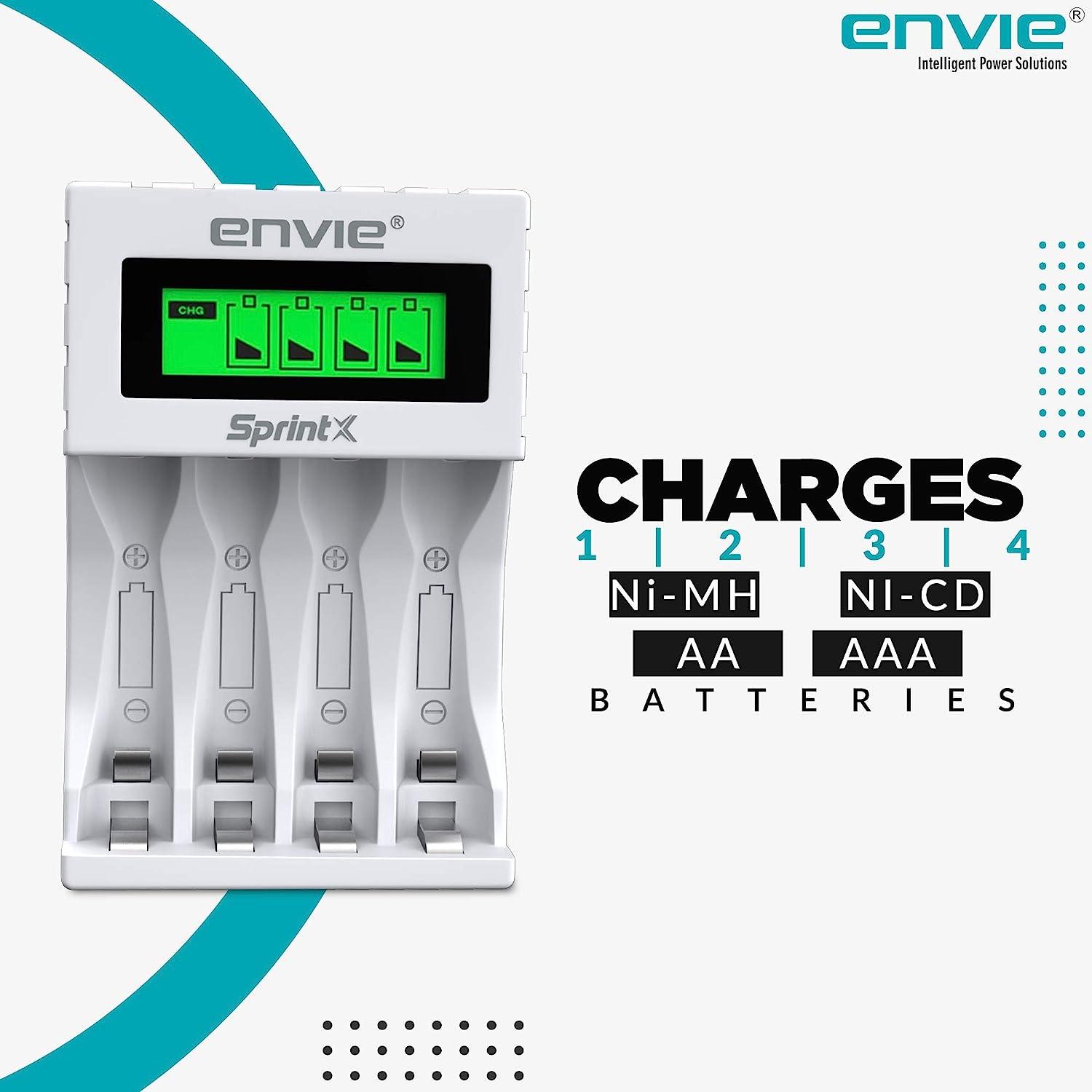 ENVIE (ECR 11 MC) SprintX Ultra Fast Charger for Rechargeable Batteries AA & AAA Ni-mh, with LCD Display, Smart Charge Control System - (White) - Digitek