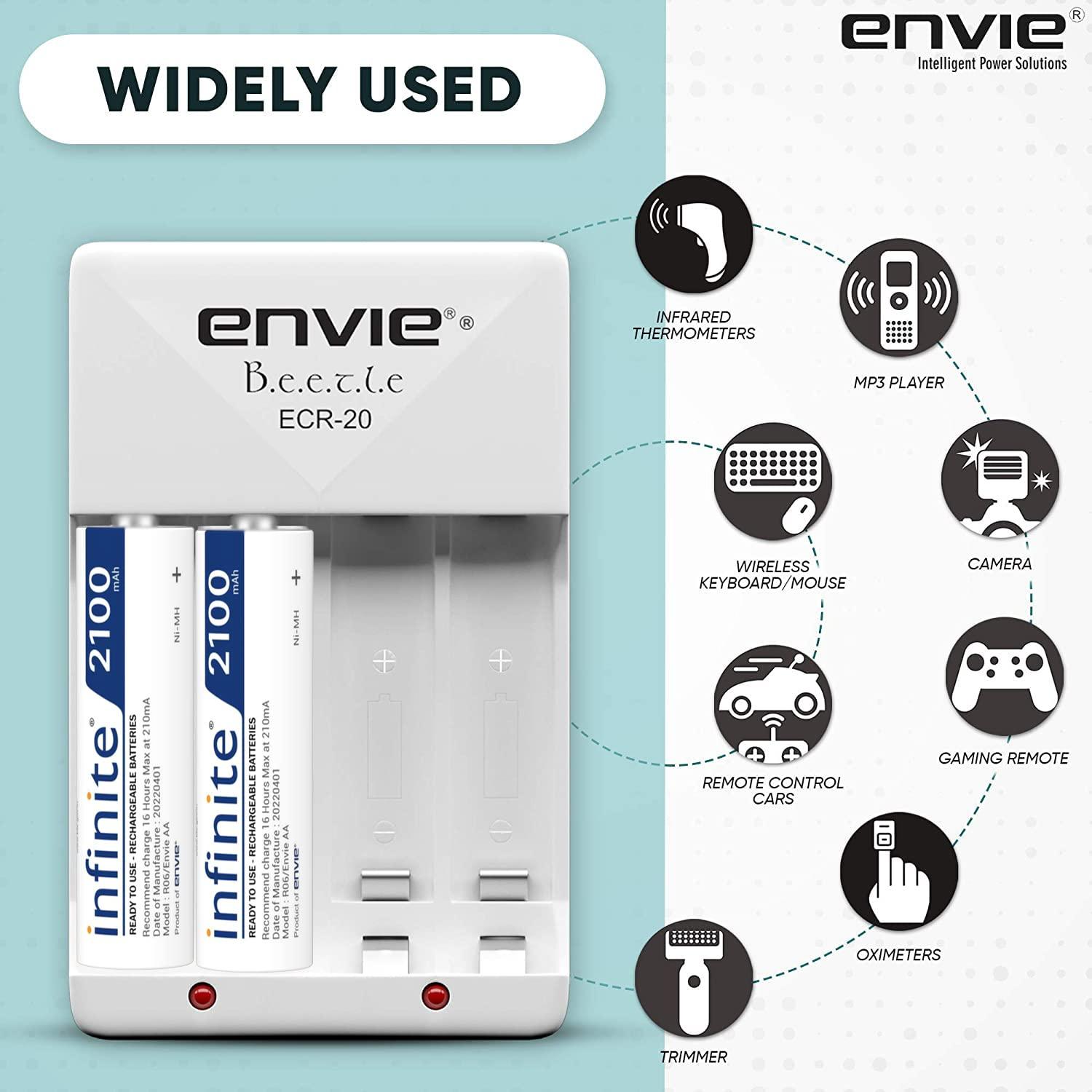 ENVIE (ECR20AA21002PL) High Speed Wall Plug Charger ECR 20 for AA & AAA Ni-mh/Ni-cd Rechargeable Batteries | 2000MA Output Current | with 2 AA2100 Ni-mh Batteries - Digitek