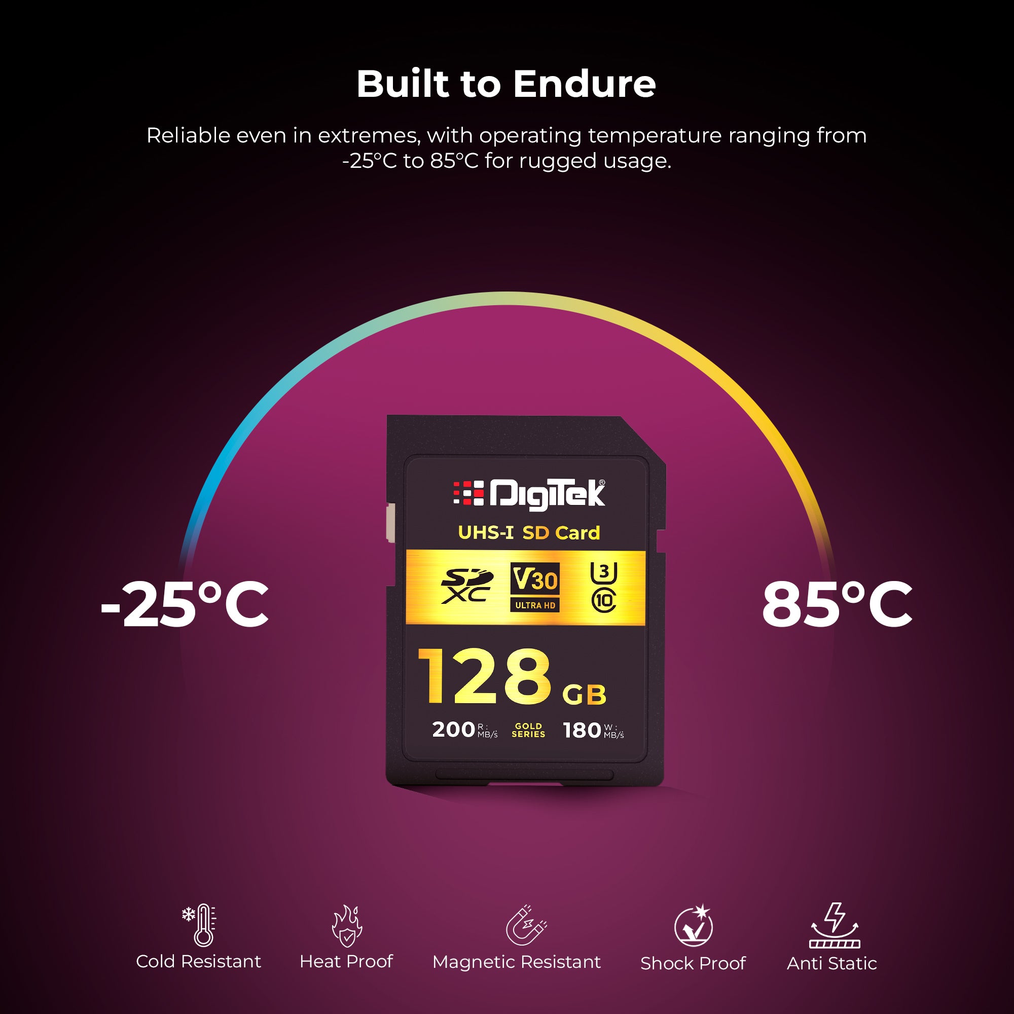 Digitek V30 Ultra HD 128GB UHS-I SD Card – 200MB/s Read, 180MB/s Write, Gold Series, 4K Ready