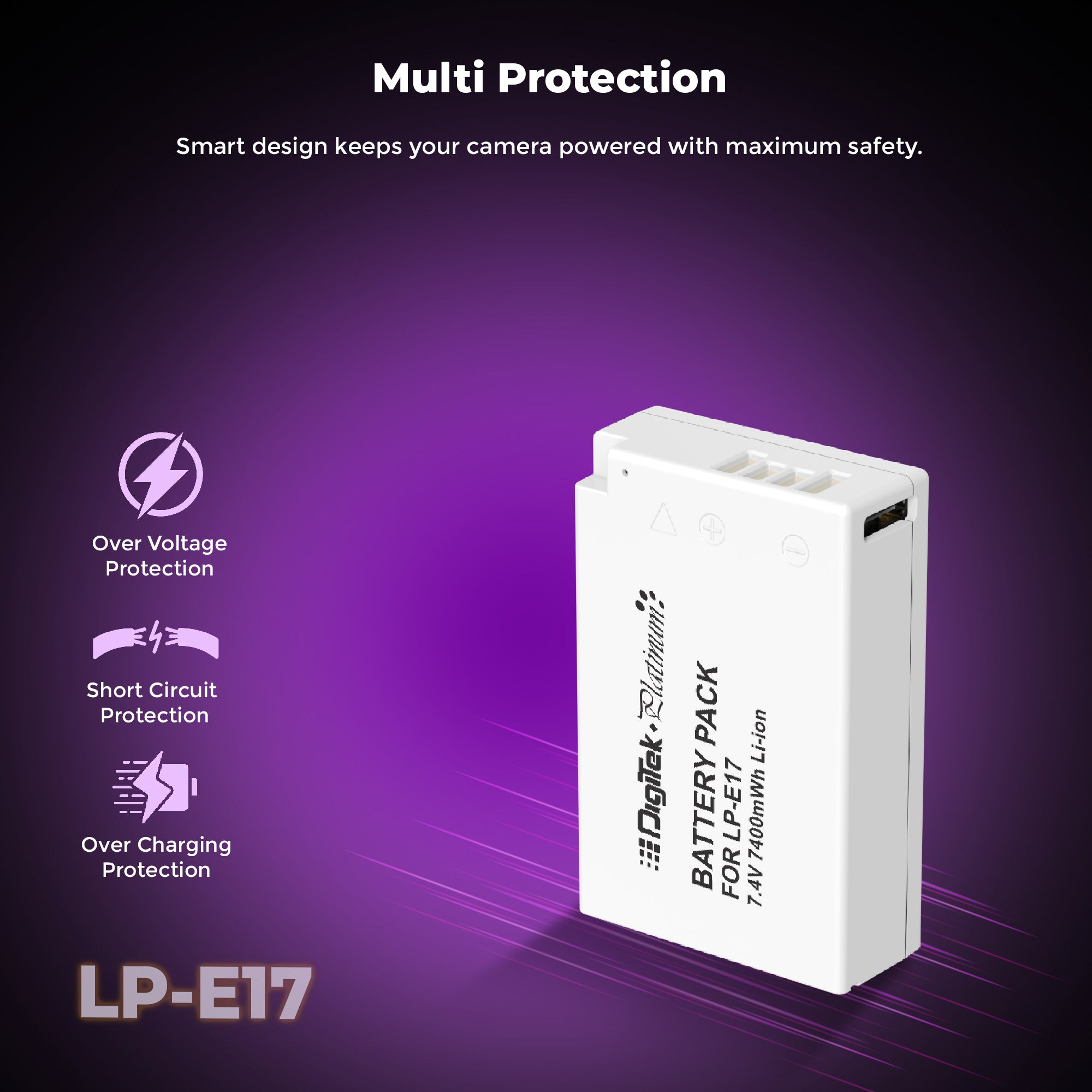 Digitek Platinum (LP-E17 Type C) 1250mAh Li-ion Battery for Canon DSLR Cameras with Type-C Charging Cable, Canon EOS 77D, M3, M5, M6, Rebel T7i, T6i, T6s, SL2, 200D, 750D, 760D, 800D, 8000D, 9000D, Kiss X8i
