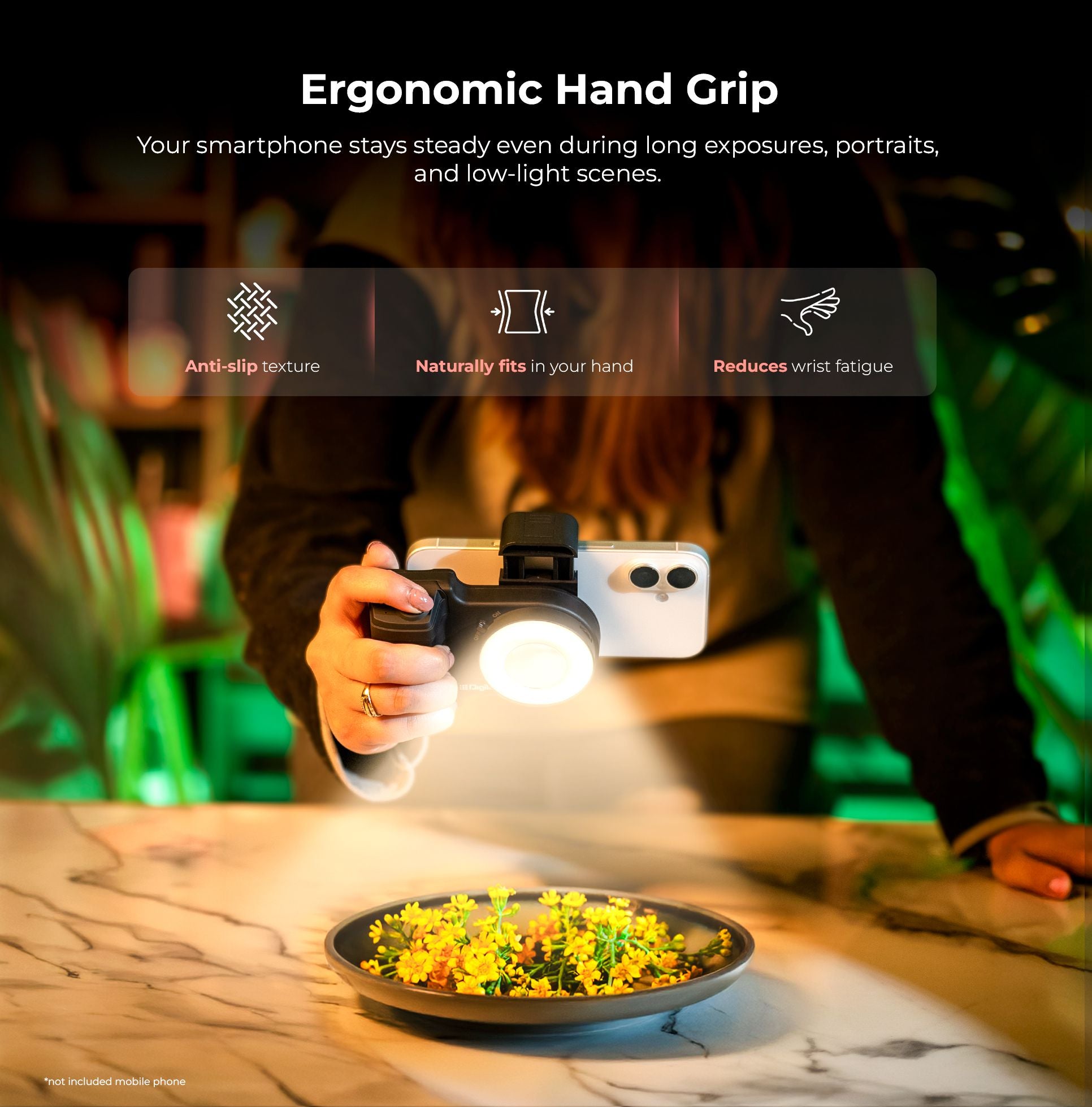 Digitek (DPH 002L) Smartphone Camera Grip with Adjustable Fill Light, Bluetooth Remote, Type-C Charging, Stable ABS+Magnet Grip, 800mAh Battery, Horizontal/Vertical Phone Mount for Vloggers & Creators