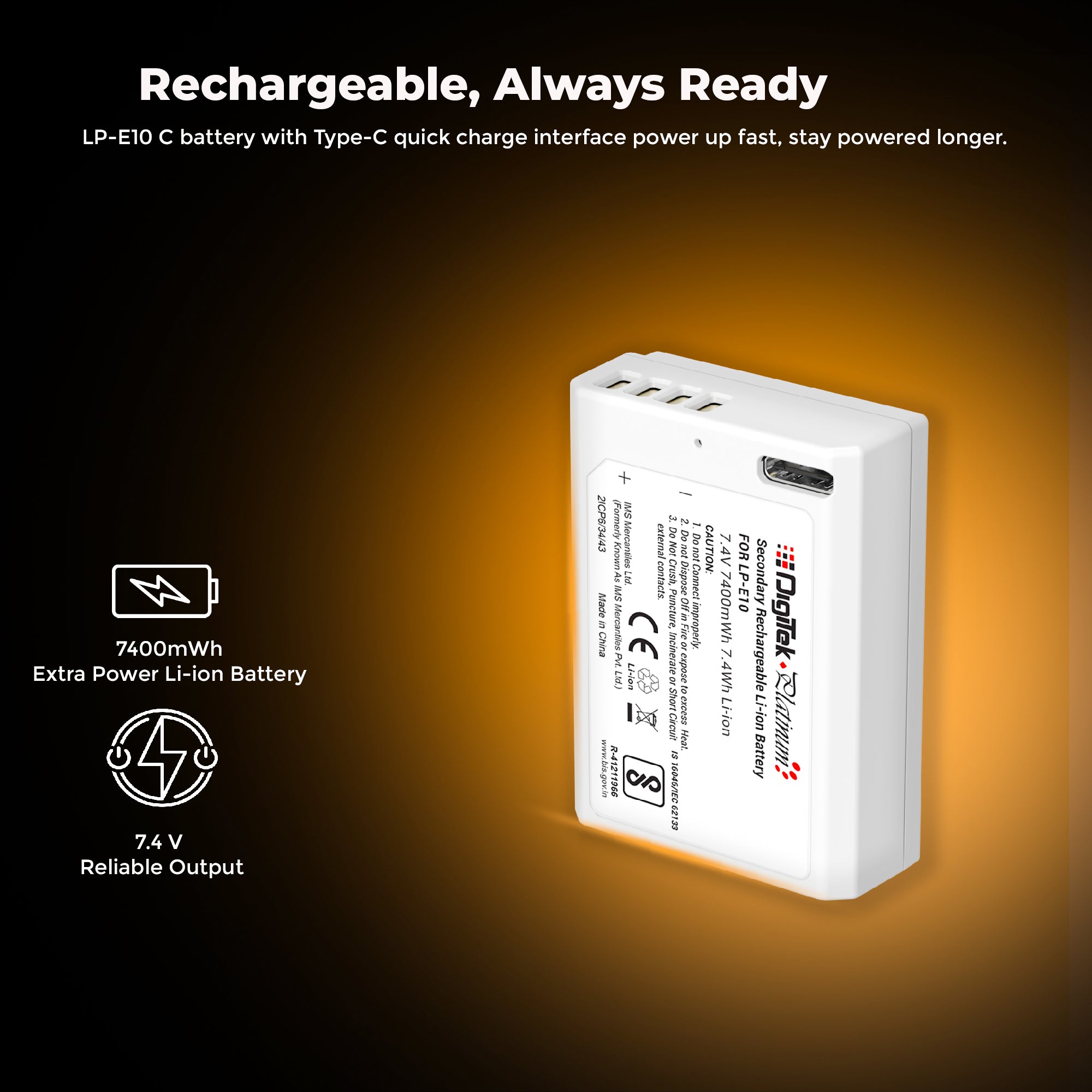 Digitek Platinum (LP-E10 Type C) 1000mAh Li-ion Battery for Canon DSLR Cameras with Smart Protection, for Canon EOS 1100D, 1200D, 1300D, Kiss X50, Kiss X70, Rebel T3, T5, and T6 Cameras