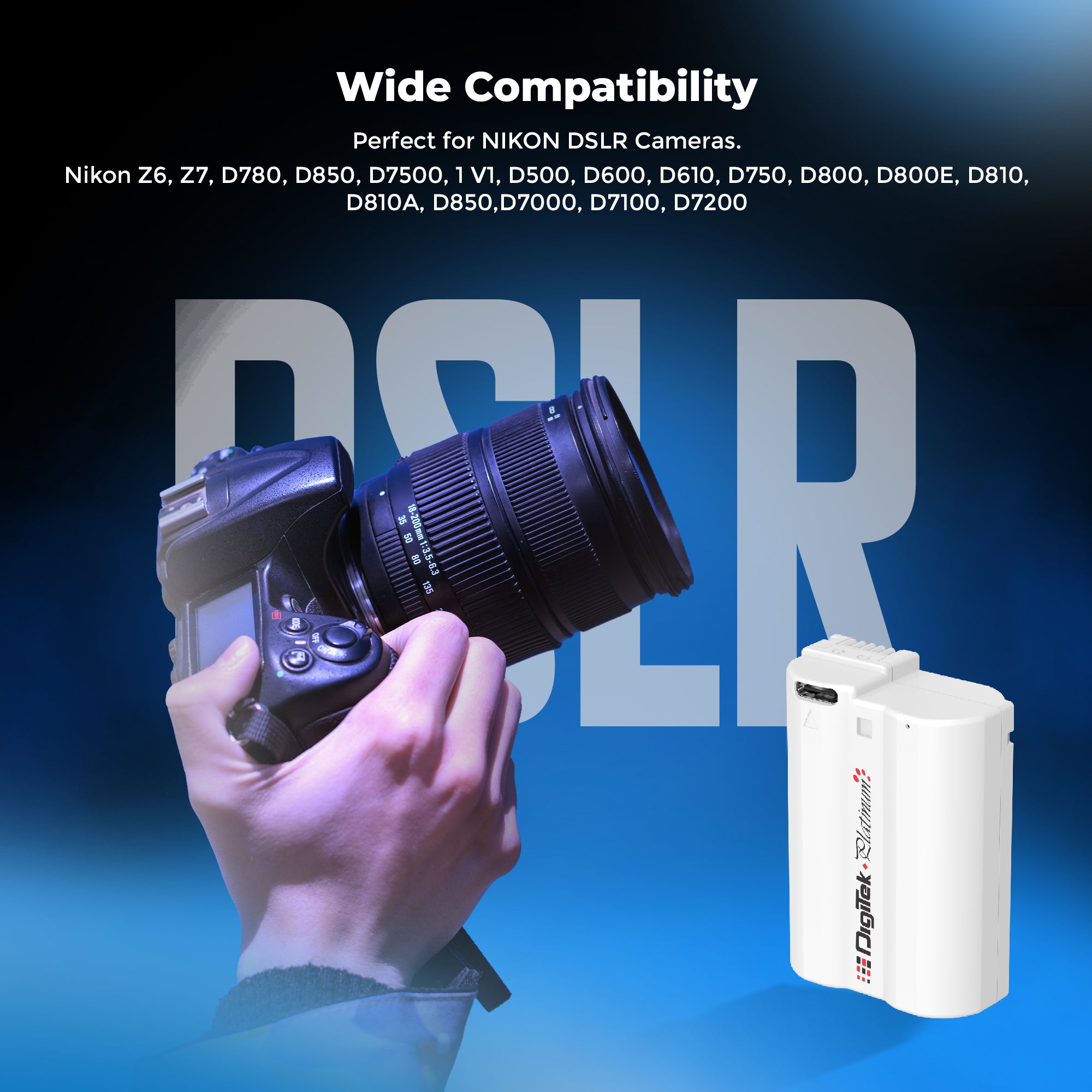 Digitek Platinum (EL-EL15 Type C) 3000mAh Li-ion Battery for Nikon DSLR Cameras with Type-C Cable, Compatible with Nikon D500, D600, D610, D750, D800, D800E, D700, D7100, & D1V1 DSLR cameras.