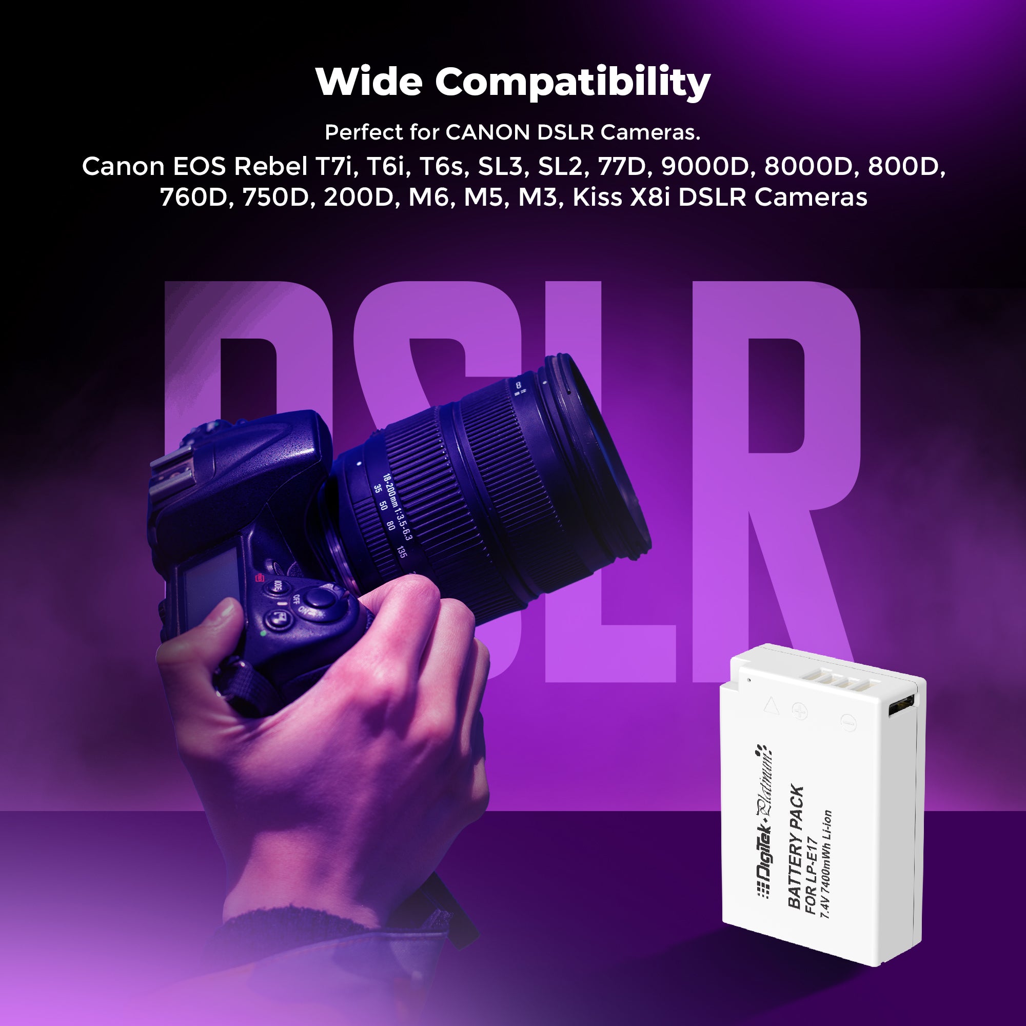 Digitek Platinum (LP-E17 Type C) 1250mAh Li-ion Battery for Canon DSLR Cameras with Type-C Charging Cable, Canon EOS 77D, M3, M5, M6, Rebel T7i, T6i, T6s, SL2, 200D, 750D, 760D, 800D, 8000D, 9000D, Kiss X8i
