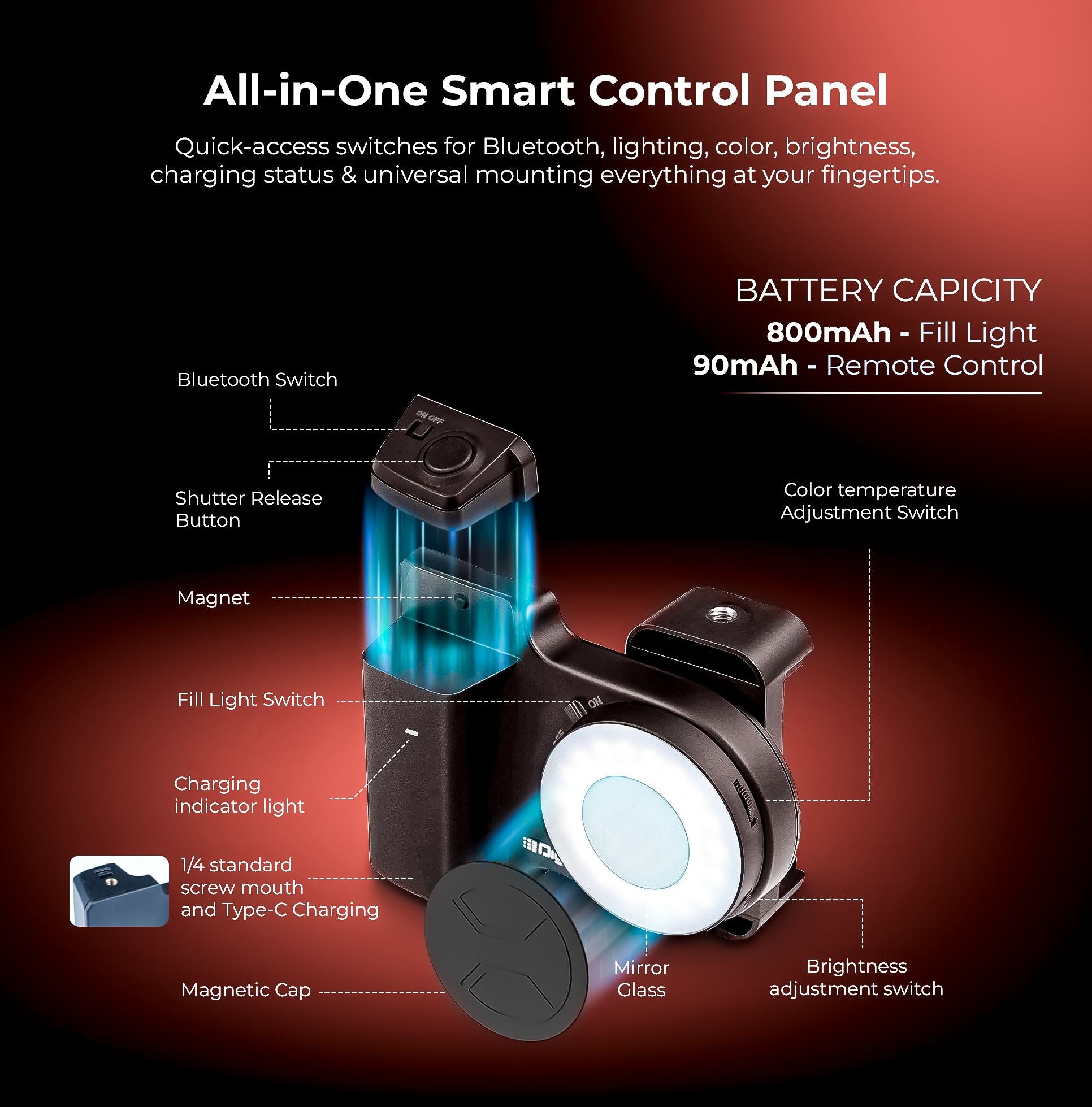 Digitek (DPH 002L) Smartphone Camera Grip with Adjustable Fill Light, Bluetooth Remote, Type-C Charging, Stable ABS+Magnet Grip, 800mAh Battery, Horizontal/Vertical Phone Mount for Vloggers & Creators