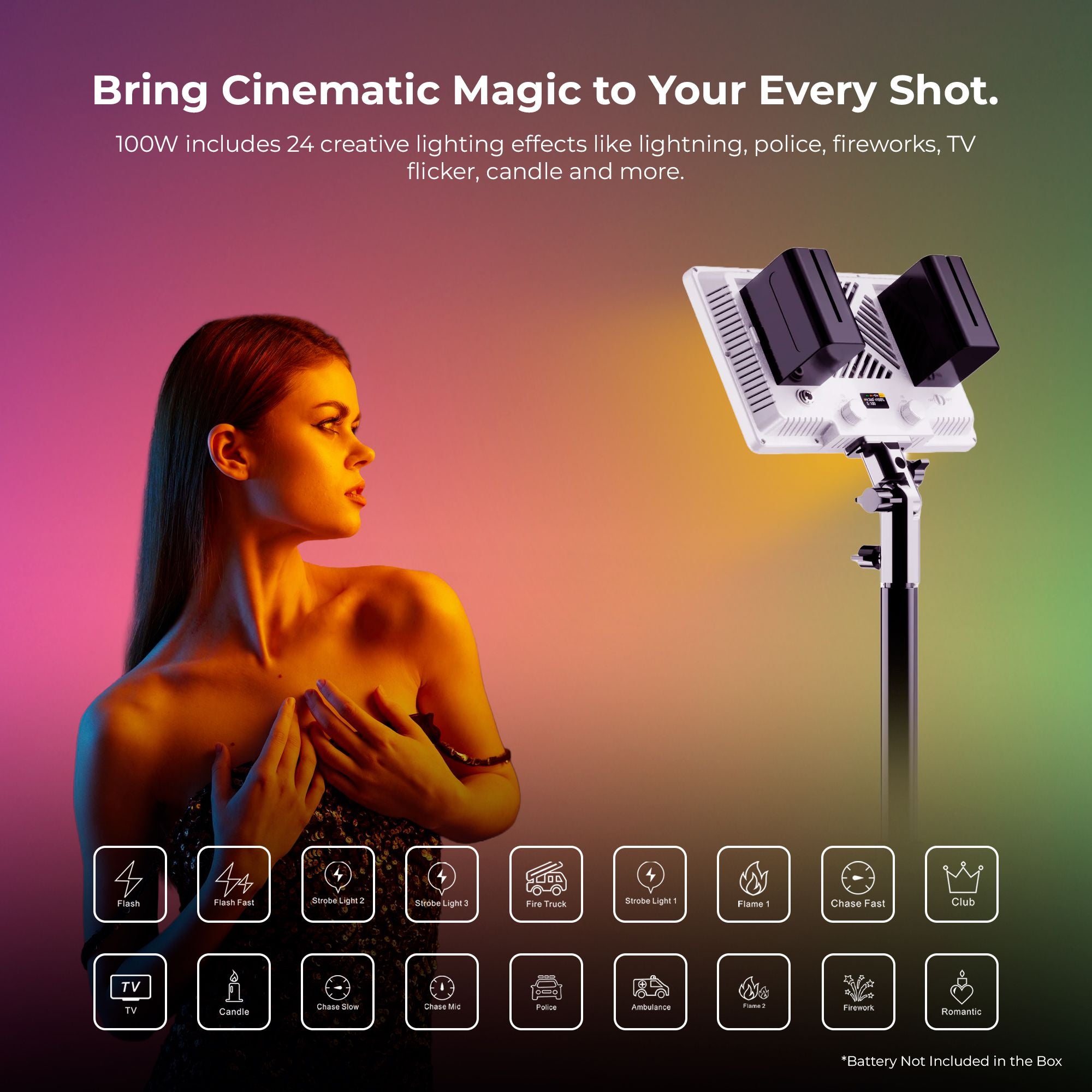 Digitek (LED-D100W RGB) Portable 100W RGB LED Video Light with Softbox & Power Bank, 24 Effects, 120° Wide Beam, 2500K–9900K Color Temp, 95+ CRI, 7950LM Output, Carry Bag Included, For Photo & Videography